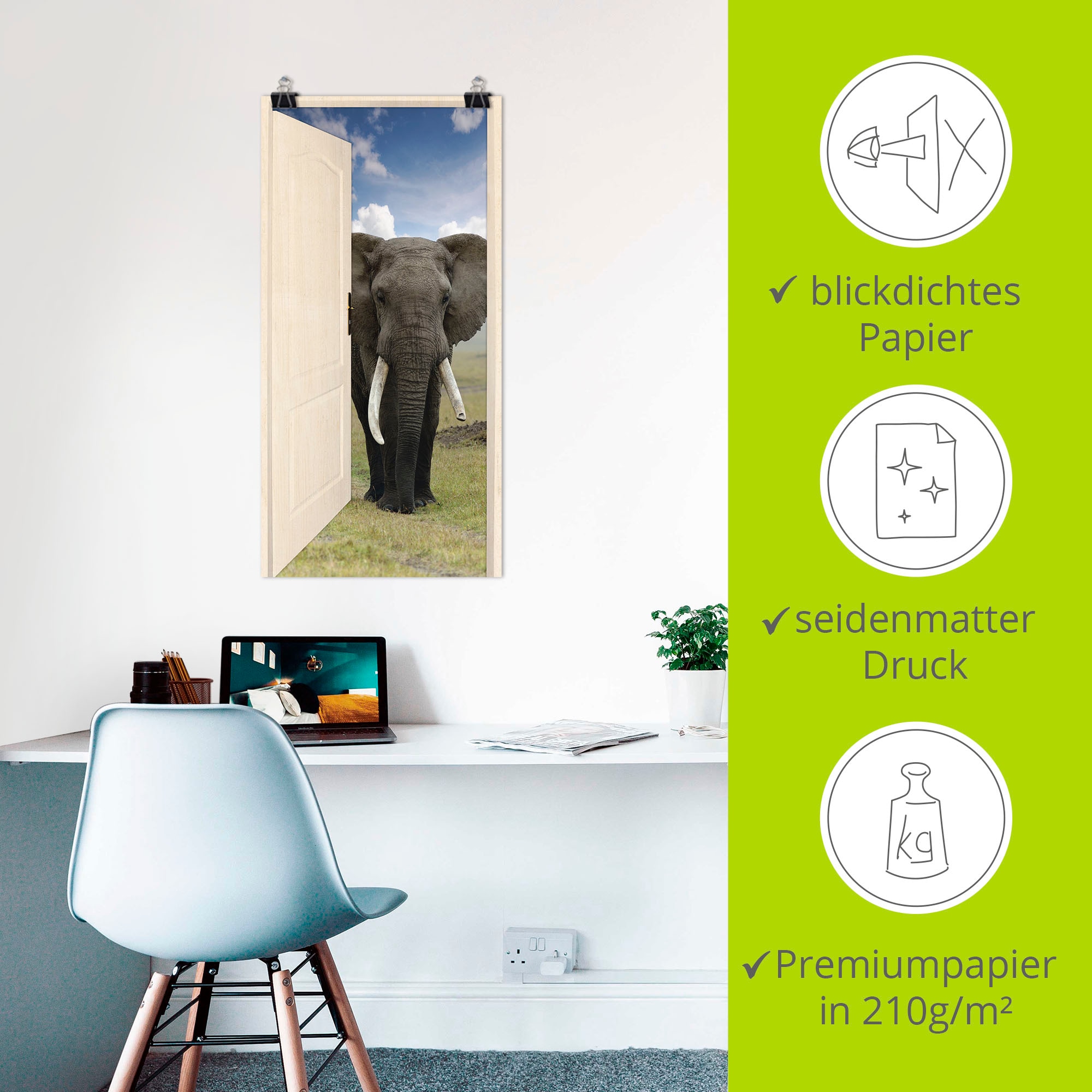 Artland Wandbild »Offene weiße Türe mit Blick auf Elefant«, Wildtiere, (1 St.), als Leinwandbild, Poster, Wandaufkleber in verschied. Größen