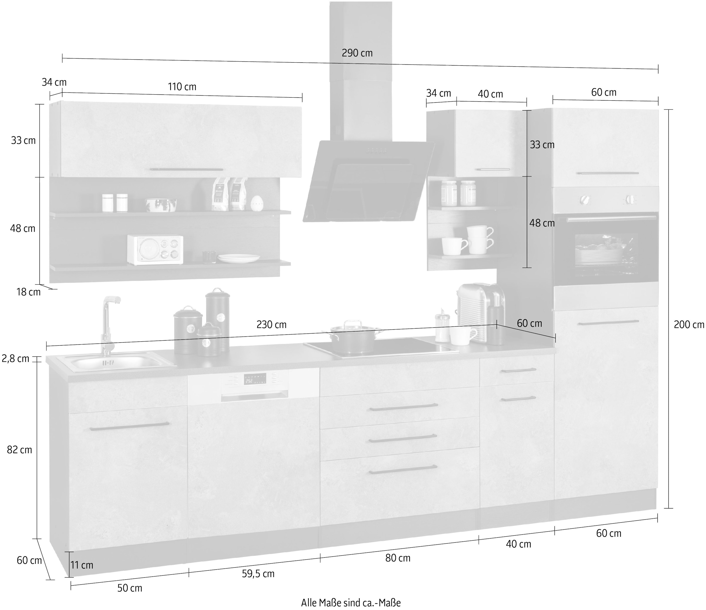 KOCHSTATION Küchenzeile »KS-Tulsa«, mit E-Geräten, Breite 290 cm, schwarze Metallgriffe, MDF Fronten
