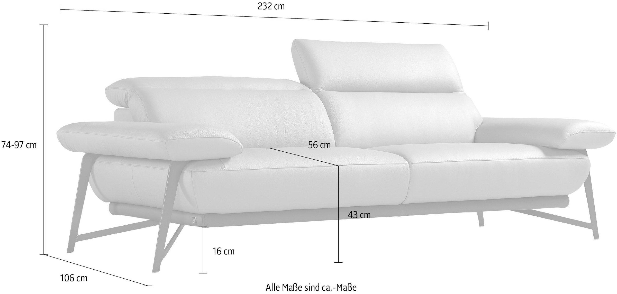 Egoitaliano 2,5-Sitzer »Anais, Designsofa mit erstklassigem Sitzkomfort, Fußfarbe chrom«, Kopfteil verstellbar, 232 cm, Leder CAREZZA, grau
