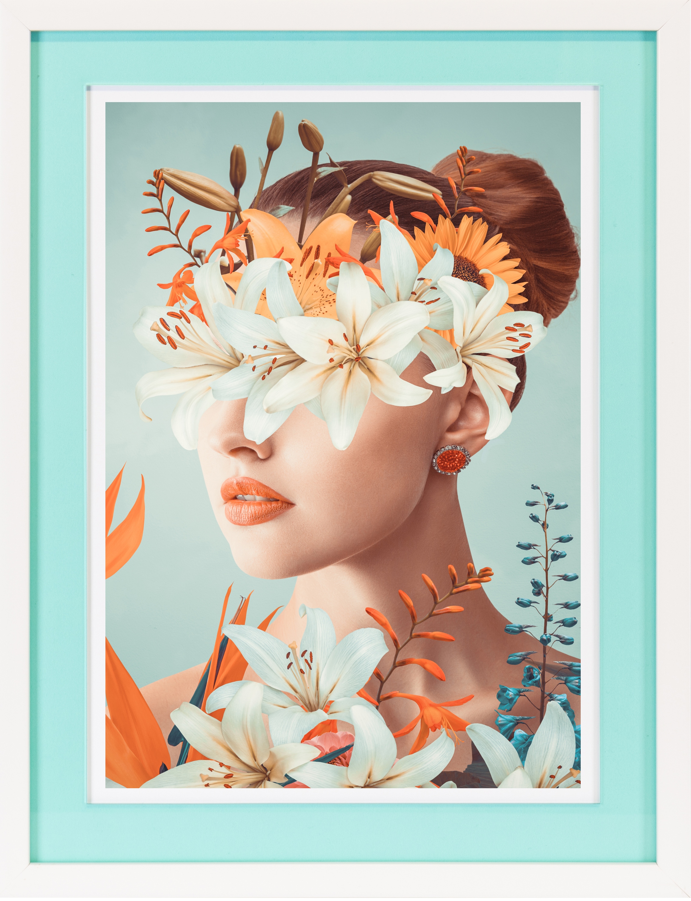 queence Bild mit Rahmen »Frau mit Blumenkranz«, Bilder von Frauen-Blumen-Blumenbilder-Frau-Gesicht, (1 St.), Poster mit buntem Acrylglas Passepartout