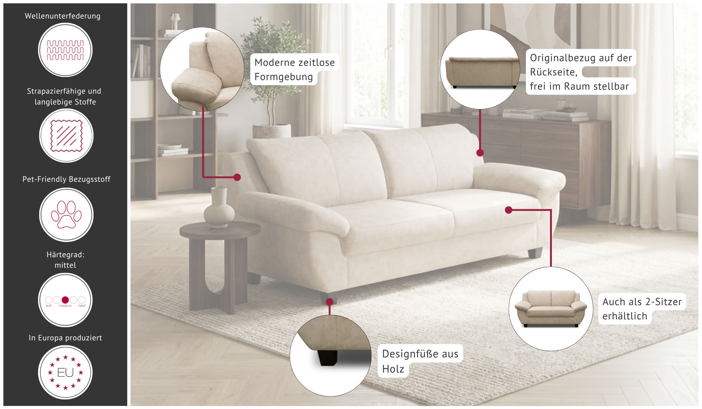 OTTO home 3-Sitzer »Sillkeborg 207 cm, formschönes Sofa mit dunklen Füßen« aus haustierfreundlichem Pet Friendly Bezug