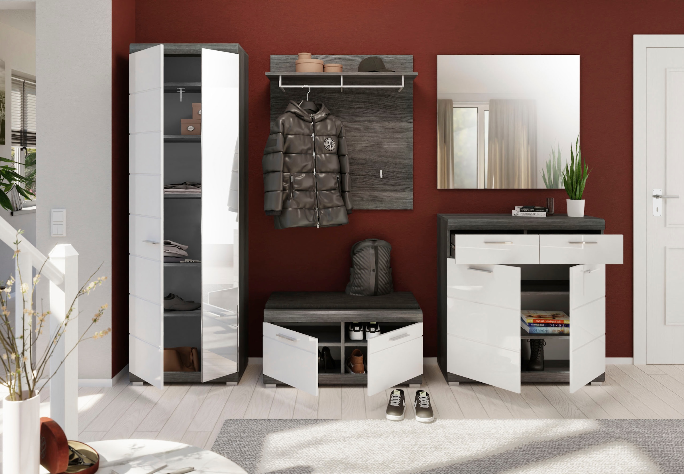INOSIGN Garderobenschrank »Siena, Höhe 197cm, 2 Türen, 4 Einlegeböden, ausziehbare Kleiderstange«, Front-Rillenfräsung, Stauraumschrank, Flurschrank, Dielenschrank
