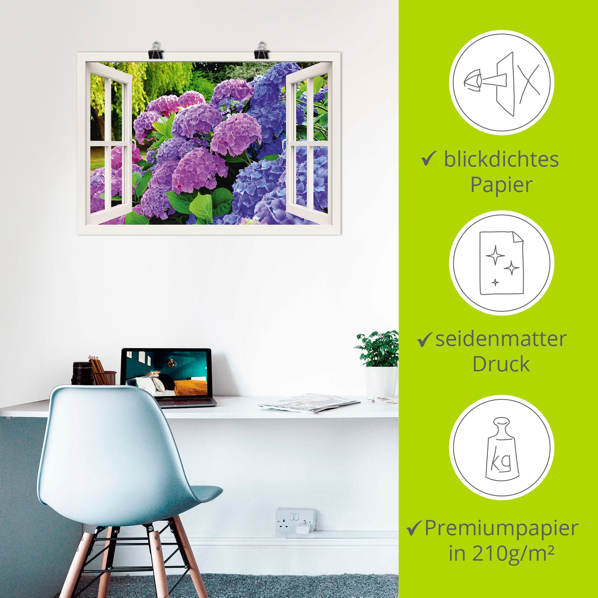 Artland Wandbild »Fensterblick Hortensien im Garten«, Blumen, (1 St.), als Leinwandbild, Poster in verschied. Größen
