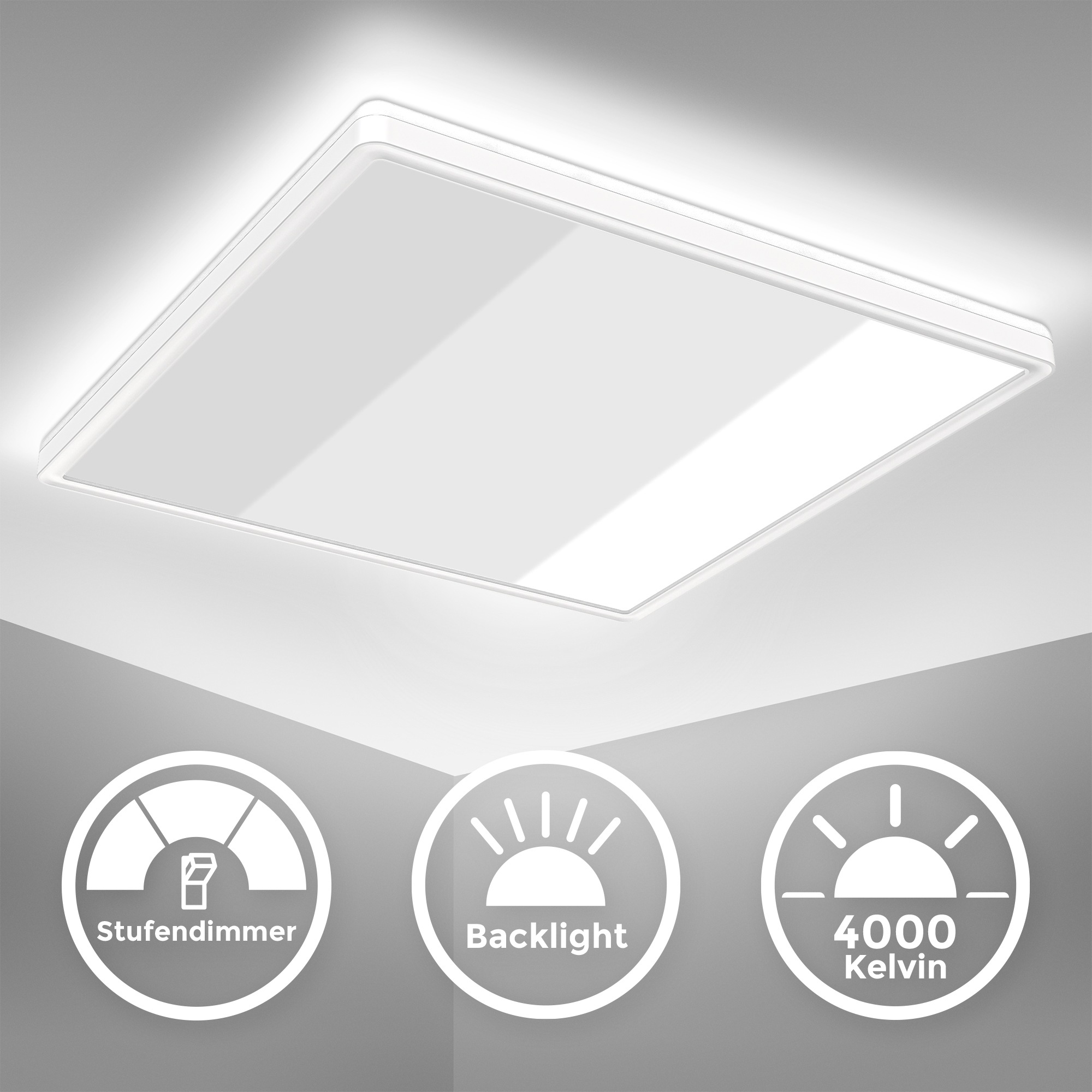 B.K.Licht ultraflaches LED Panel mit LED Backlight, Stufendimmer, inkl. 1 x LED Platine, 22 Watt, 3.000 Lumen, 4.000 Kelvin, inkl. Memoryfunktion, Gr. ca. 42 x 42 cm