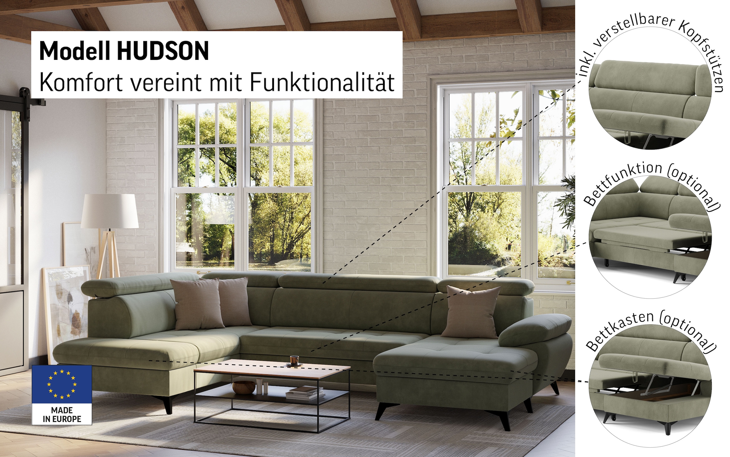 COTTA Wohnlandschaft »Hudson U-Form«, mit Kopfteilverstellung, wahlweise mit Bettfunktion & Bettkasten
