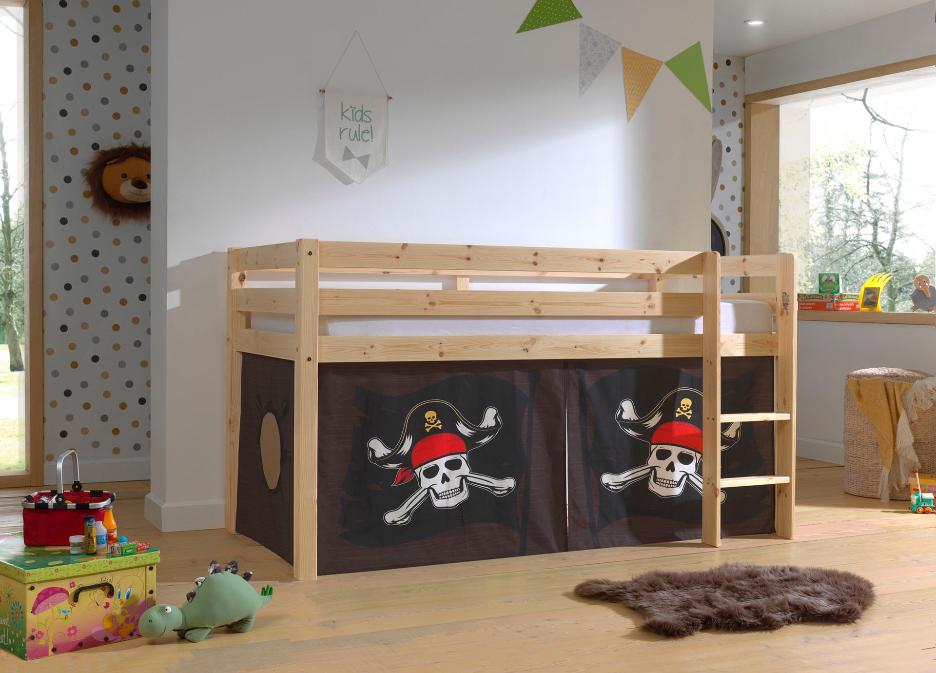 Vipack Spielbett »Pino, Kiefer massiv, mit Rolllattenrost u. Textil-Set, Made in Europe« B/H/T ca. 210x114x106cm, mit Leiter und Absturzschutz,  verschiedene Textil Dessins, 3 Gestellfarben zur Wahl