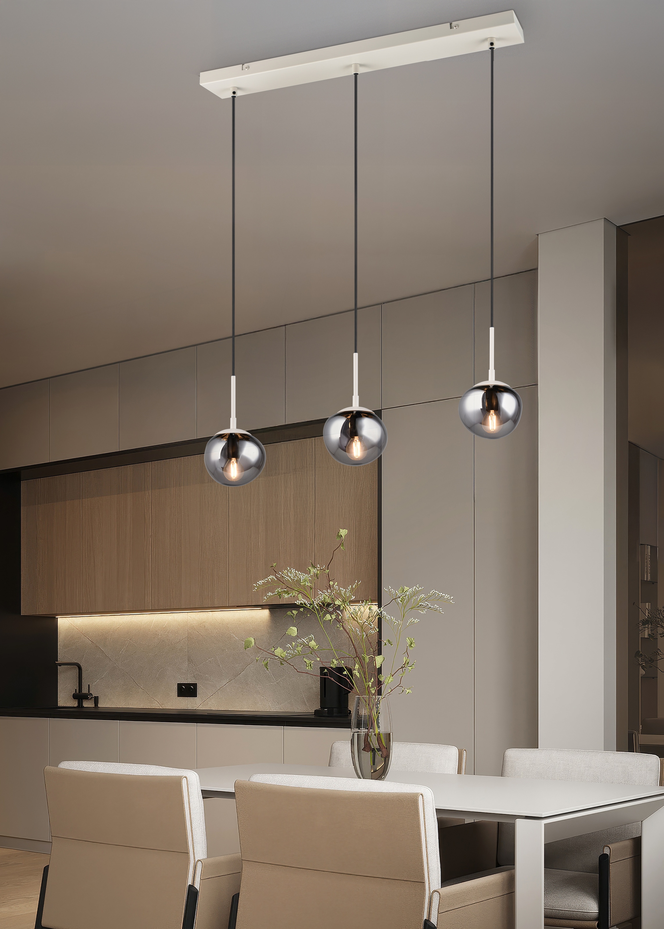 s.Oliver Pendelleuchte »ANJELLA, Hängelampe exkl 3x E14 max 10W, in warm grey + smoke Glas«, 3 flammig, Leuchtmittel E14 | Leuchtmittel wechselbar, mit mundgeblasenen Glas Lampenschirmen in rauchgrau, 150 x 60 x 8,5 cm
