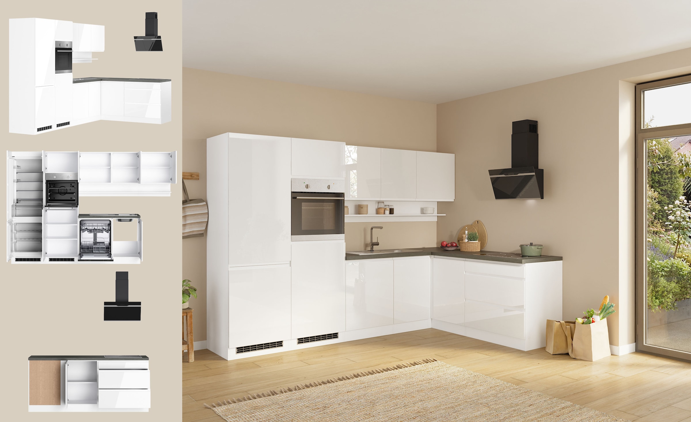 KOCHSTATION Winkelküche »KS-Virginia,neu in verbesserter Ausführung« Arbeitsplatte 38 mm stark, Stauraum, Softclose,  Stellbreite 290/180 cm, Soft-Close, ohne E-Geräte