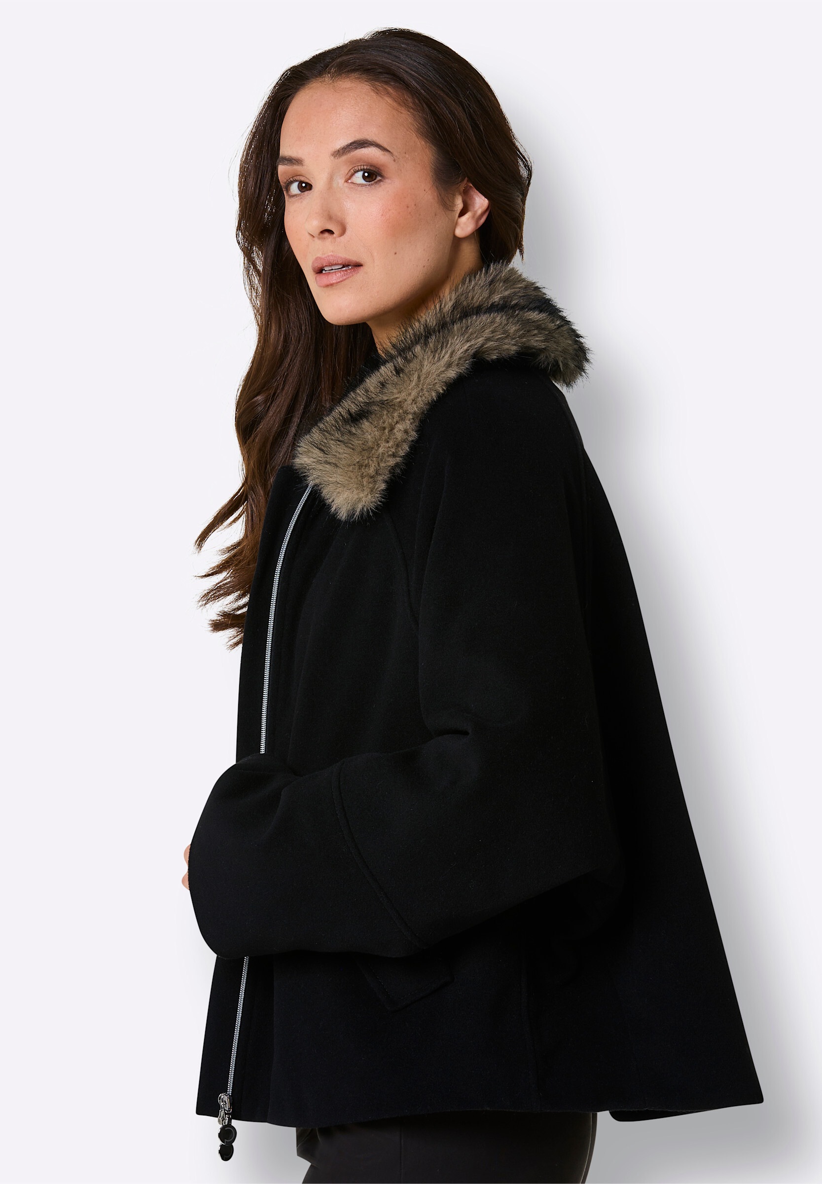 creation L Kurzjacke »Woll-Jacke Wolljacke mit Pelz-Imitat-Kragen« ohne Kapuze