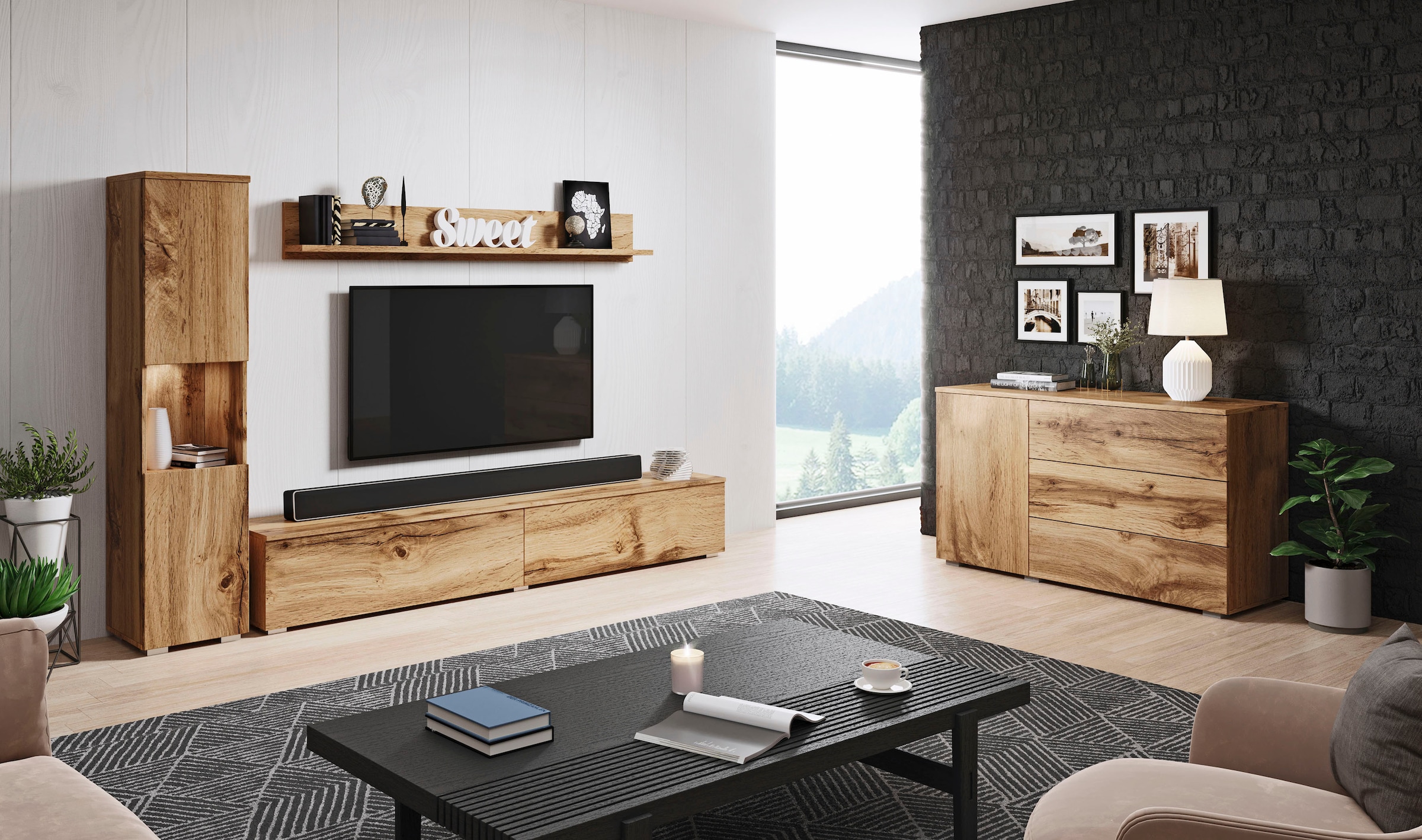 INOSIGN Wohnwand »PARIS«, (Komplett-Set, 3 St.), TV-Wand 220cm breite, grifflose Design, stehend und hängend montierbar