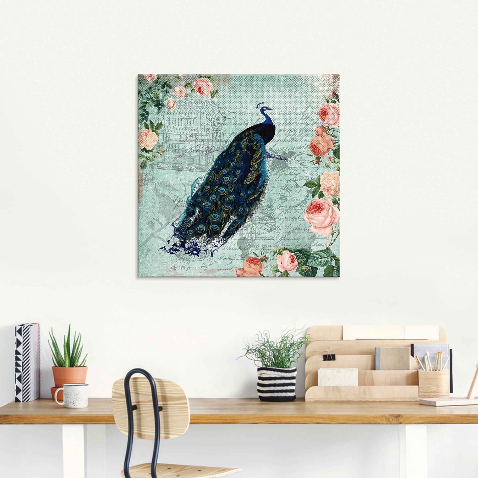 Artland Glasbild »Vintage Rosen und Pfau Illustration«, Vögel, (1 St.), in verschiedenen Größen