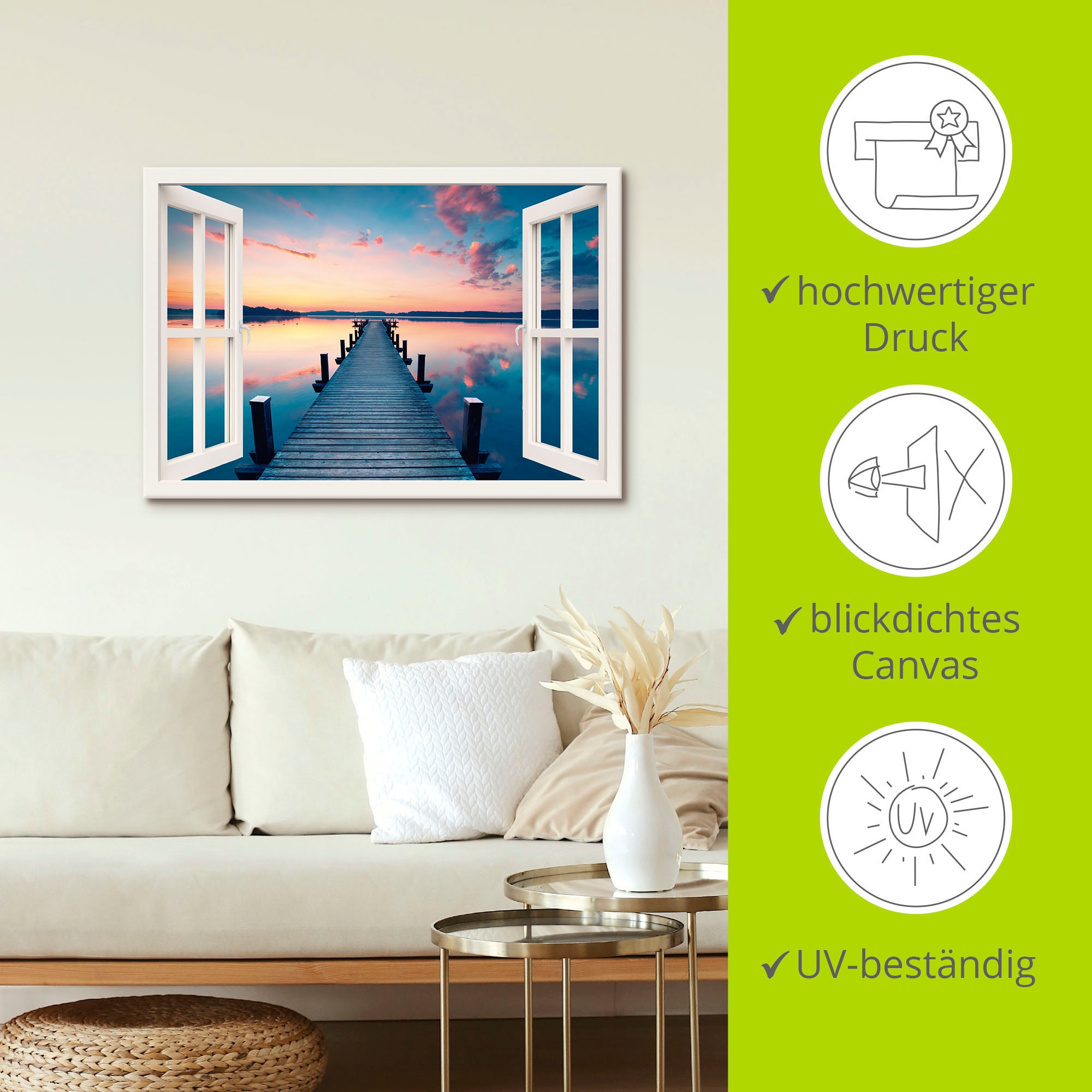 Artland Wandbild »Pier im Sonnenaufgang«, Fensterblick, (1 St.), als Leinwandbild, Poster in verschied. Größen