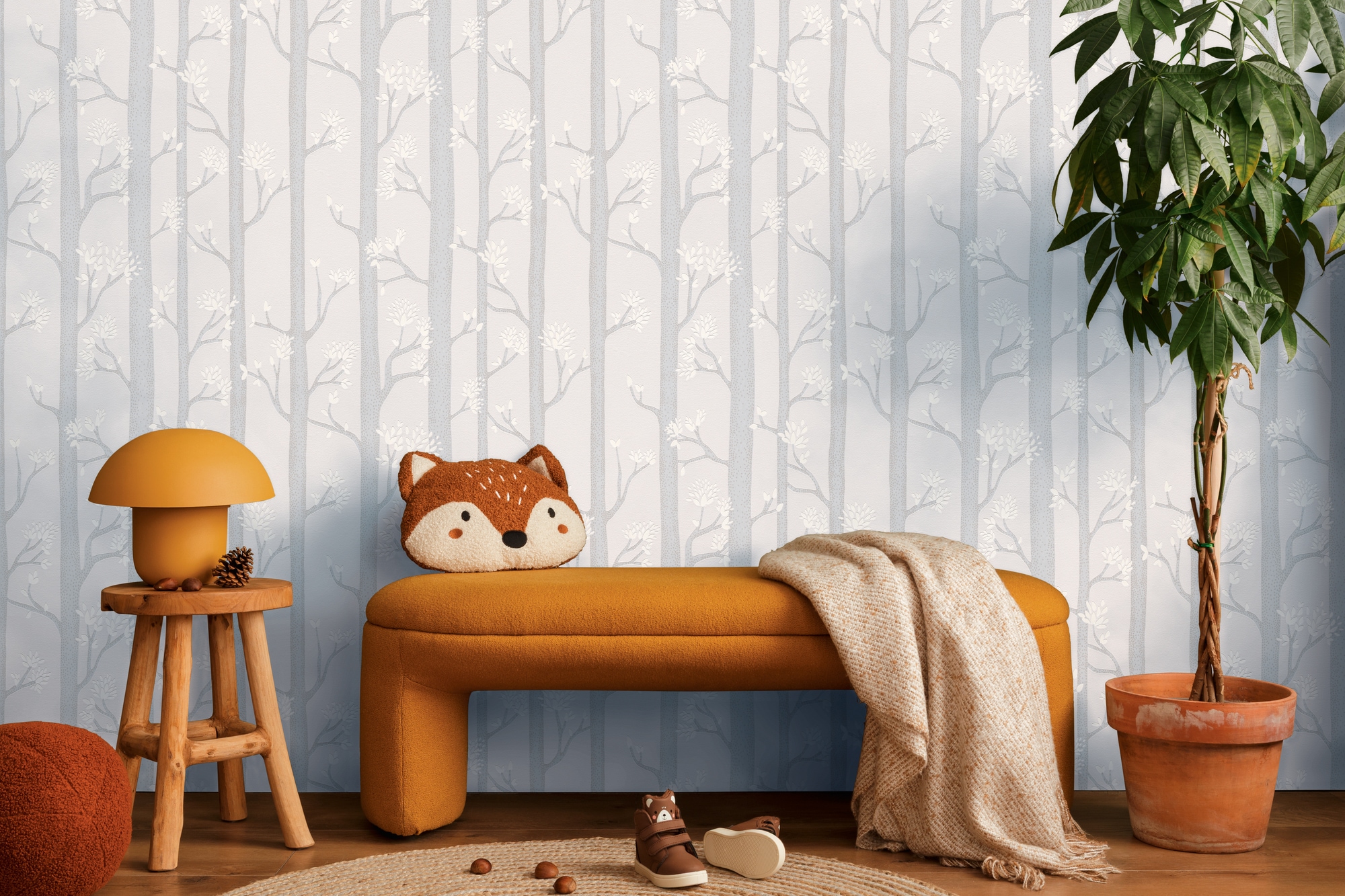 living walls Vliestapete »Kids Studio Wald – Baum Vliestapete für Kinder« Wald | grafisch | leicht glänzend glatt Stilisiertes Waldmotiv mit Bäumen, Zweigen und feinen Blättern