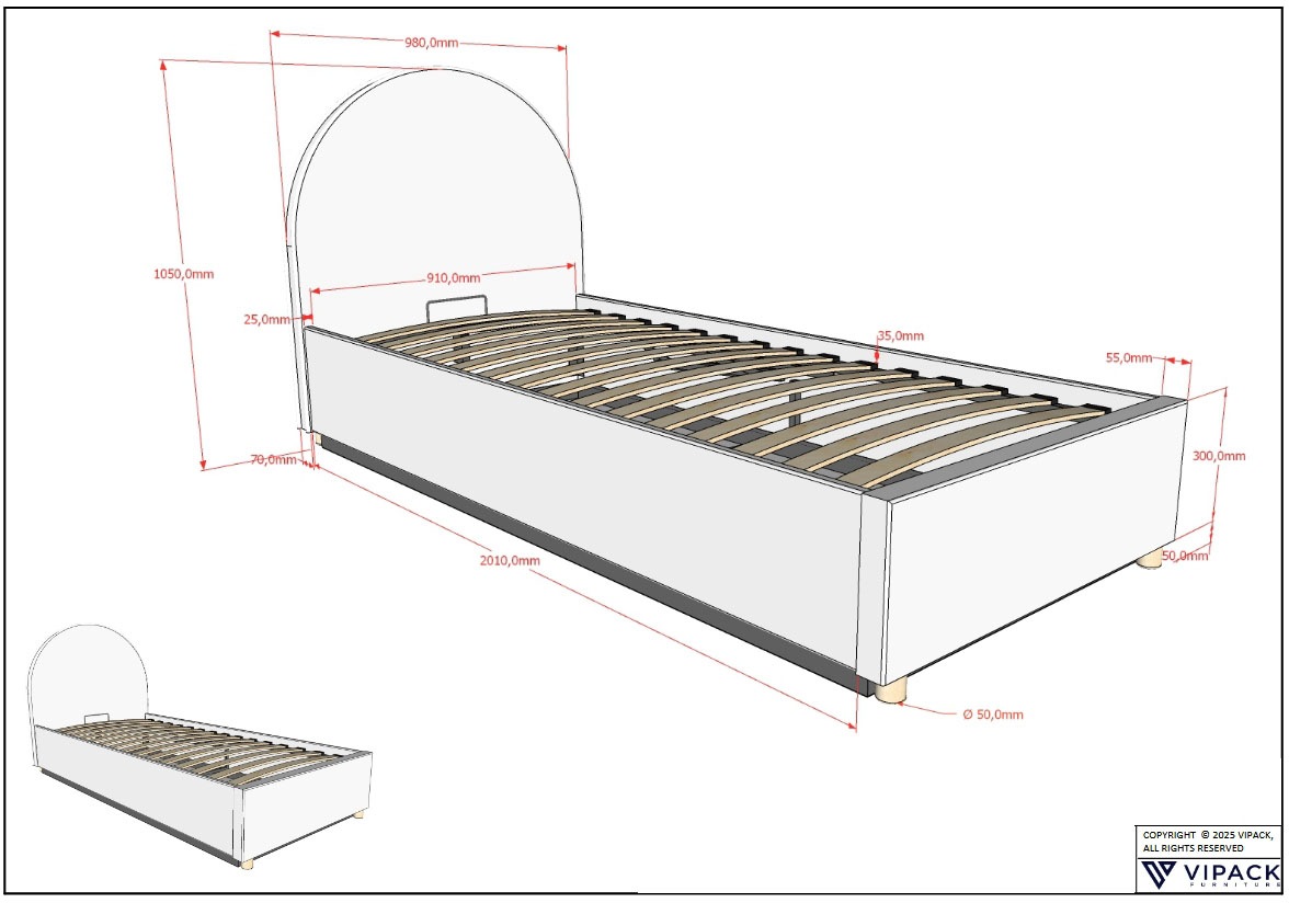 Vipack Boxbett »Moon, mit Lattenrost und Stauraum, modernes Design« gerundetes Kopfteil und in 2 Breiten erhältlich,  inkl. Massivholz Füßen in natur, 3 Stoff Farben zur Auswahl