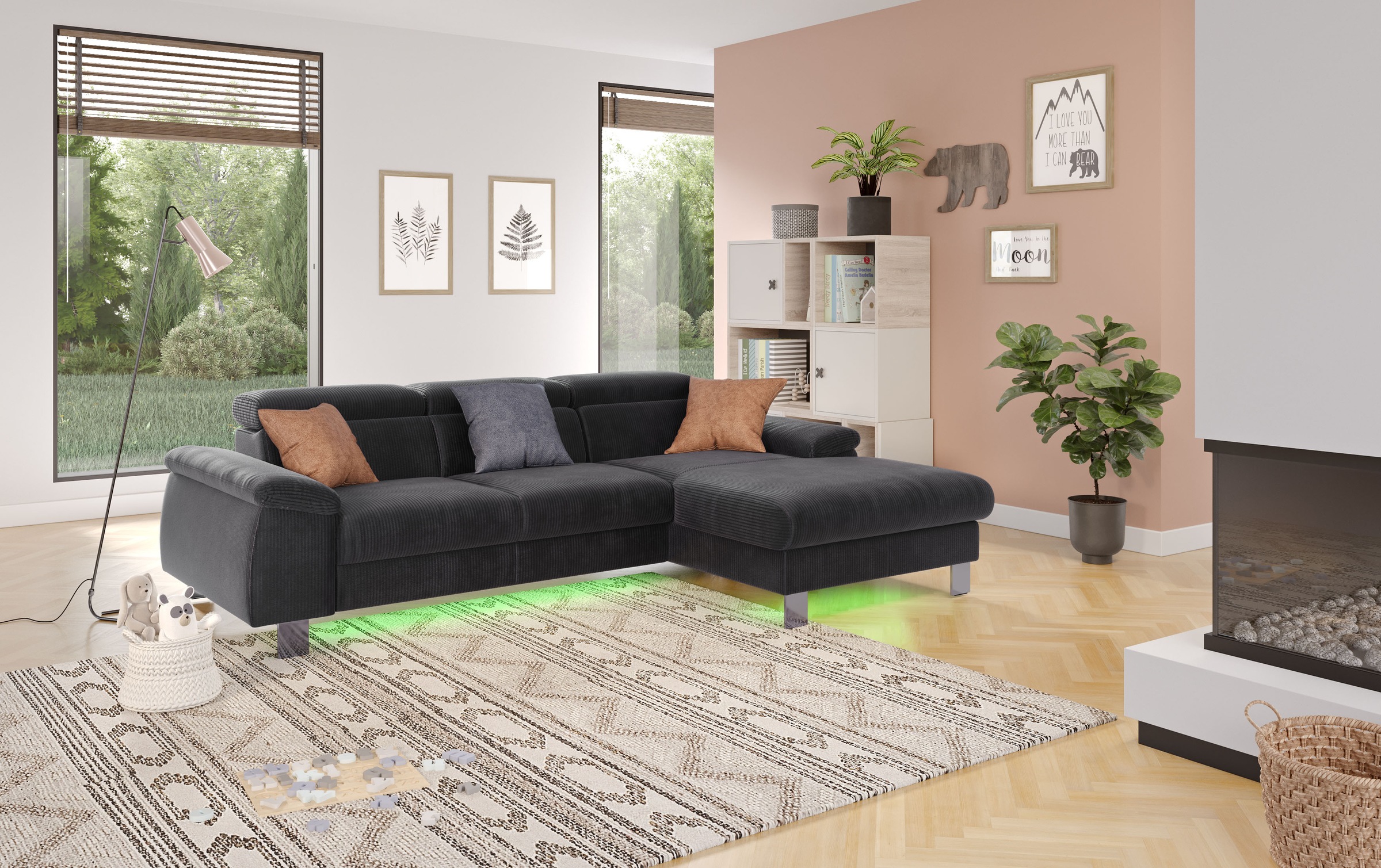 COTTA Ecksofa Komaris, Ecksofa, wahlweise mit RGB-LED-Beleuchtung und Bettfunktion/Bettkasten
