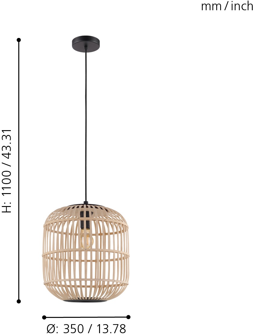 EGLO Pendelleuchte »BORDESLEY«, 1 flammig, Leuchtmittel E27 | ohne Leuchtmittel, schwarz / Ø35 x H110 cm / exkl. 1 x E27 (je max. 28W) / Stahl und Holz
