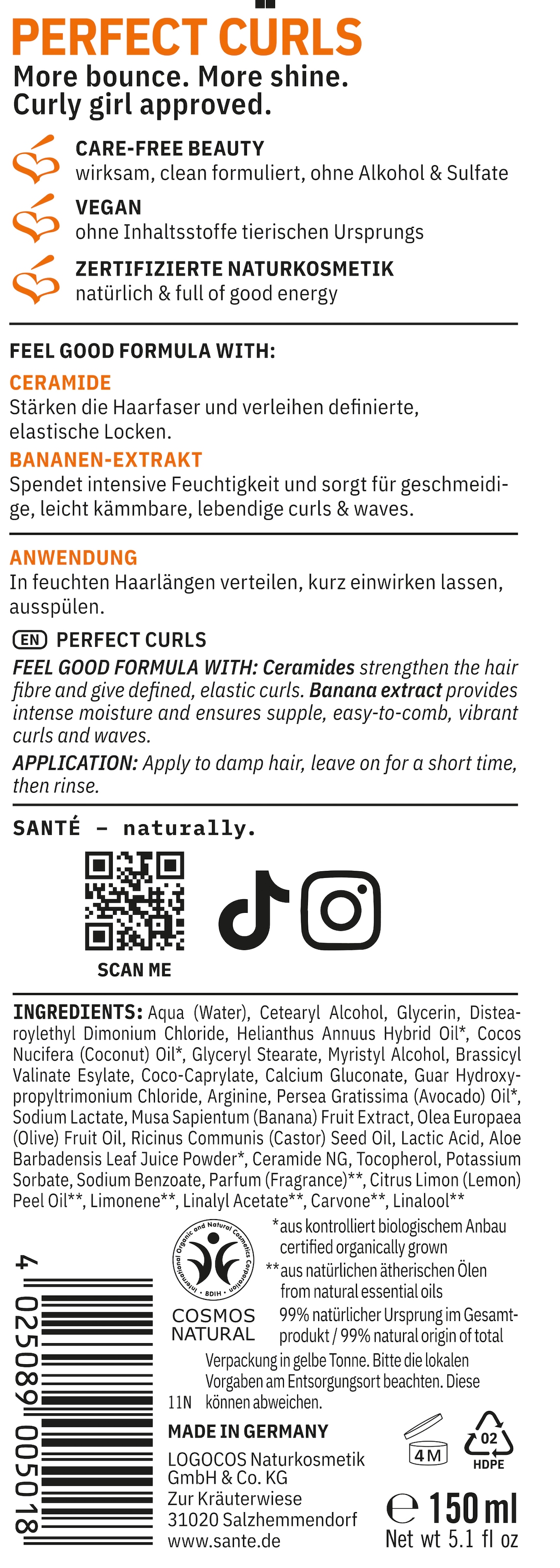 SANTE Haarspülung »Perfect Curls Conditioner« Haarspülung, mit Kokosöl, Avocadoöl und Rizinusöl