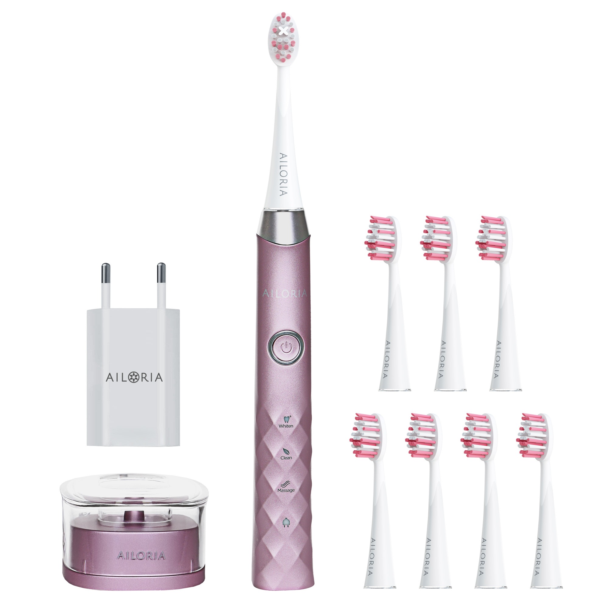 AILORIA Schallzahnbürste »SHINE BRIGHT«, 8 St. Aufsteckbürsten, rosé/silber inkl. 8 Bürstenköpfe und USB Ladegerät