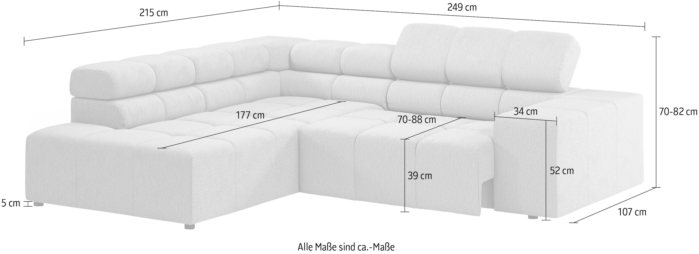 INOSIGN Ecksofa »Ancona, incl. Kopfteilverstellung + 3 Zierkissen, L-Form, bequem«, wahlweise motorische Sitztiefenverstellung, B/T(H: 249/215/70 cm