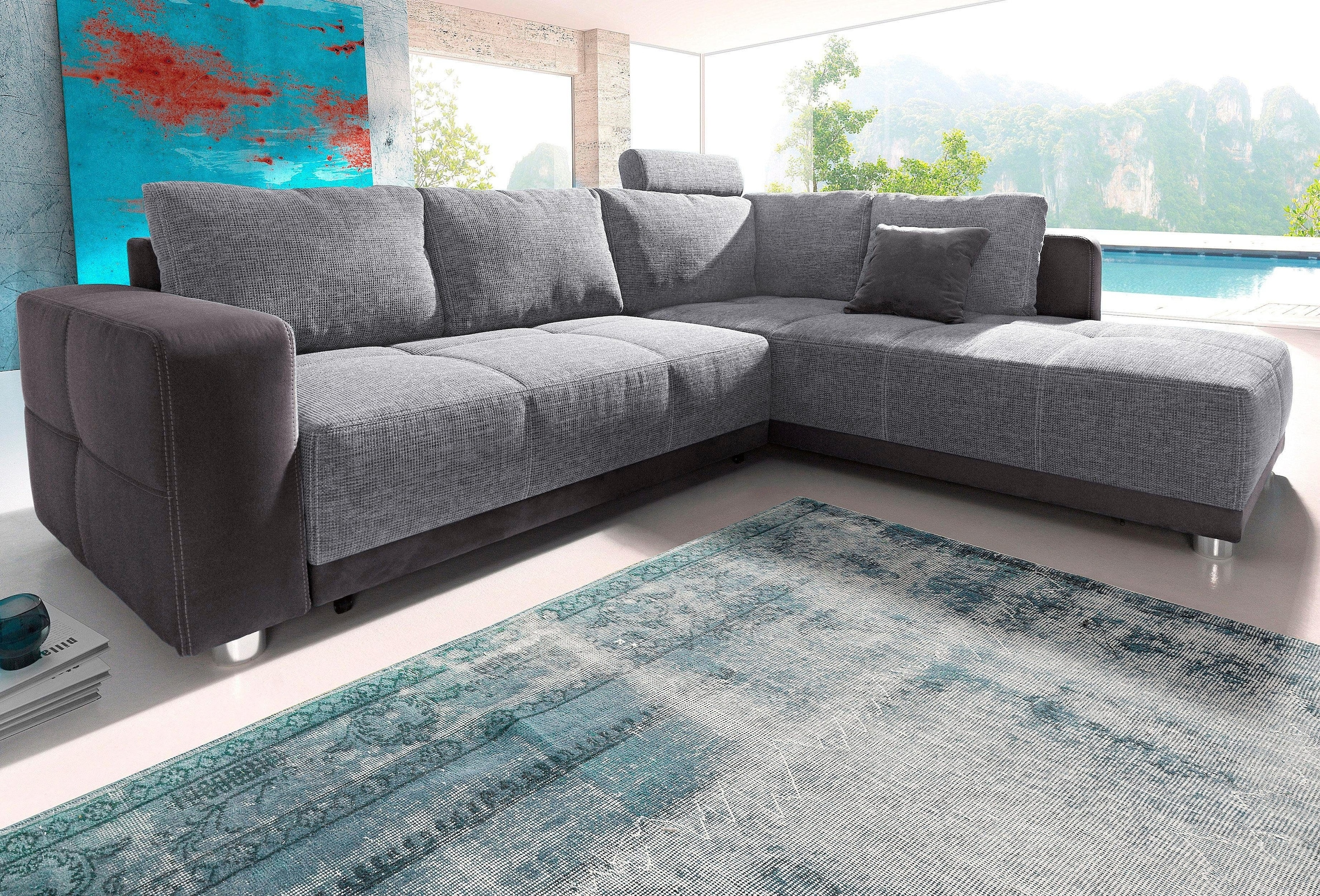 Places of Style Ecksofa, mit Bettfunktion, Bettkasten und Federkern,  wahlweise mit 1 oder 3 Kopfstützen, Ottomane links oder rechts montierbar  bestellen im OTTO Online Shop