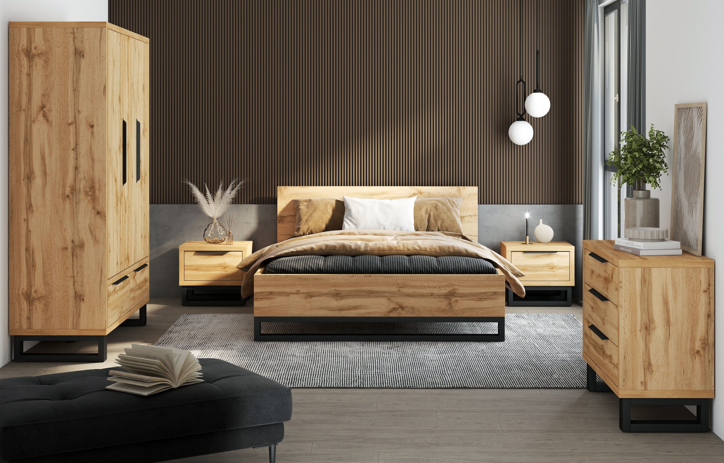 Home affaire Drehtürenschrank »Bronne,Breite 145 cm, Wäscheschrank inclusive Innenausstattung«, Kleiderschrank, 2 Schubladen, Metallgriffe, Garderobe