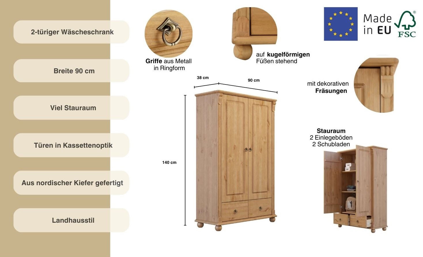 OTTO home Wäscheschrank »Tessin« 2 Breiten: 90/128 cm H/T ca. 140/38 cm,  aus massiver Kiefer, in 2 Breiten, viel Stauraum, FSC zertifiziert