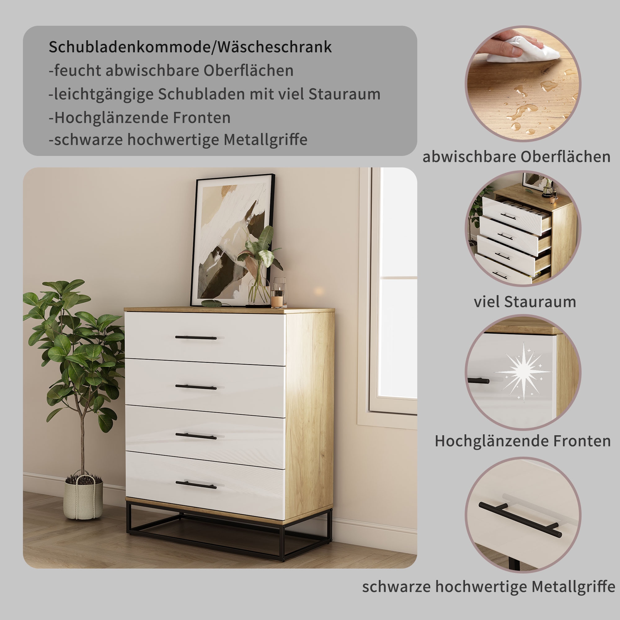 OTTO home Schubkastenkommode »Lucca Sideboard mit schwarzen Griffen 4 Schubladen Kufengestell« Hochwertige Hochglanzfronten in weiß,  Kommode Wäscheschrank im Loft Design mit 4 Schubladen