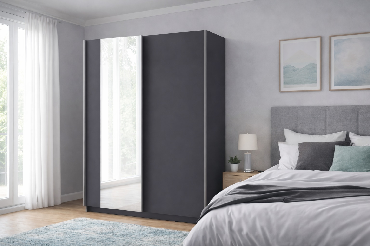 Home affaire Kleiderschrank »GRETCHEN Schiebetürenschrank mit 5 Fächer, Kleiderstange und Spiegel« Garderobe mit 2 Schwebetüren und Spiegel, Maße B/T/H: 150,6/2/198,5 cm