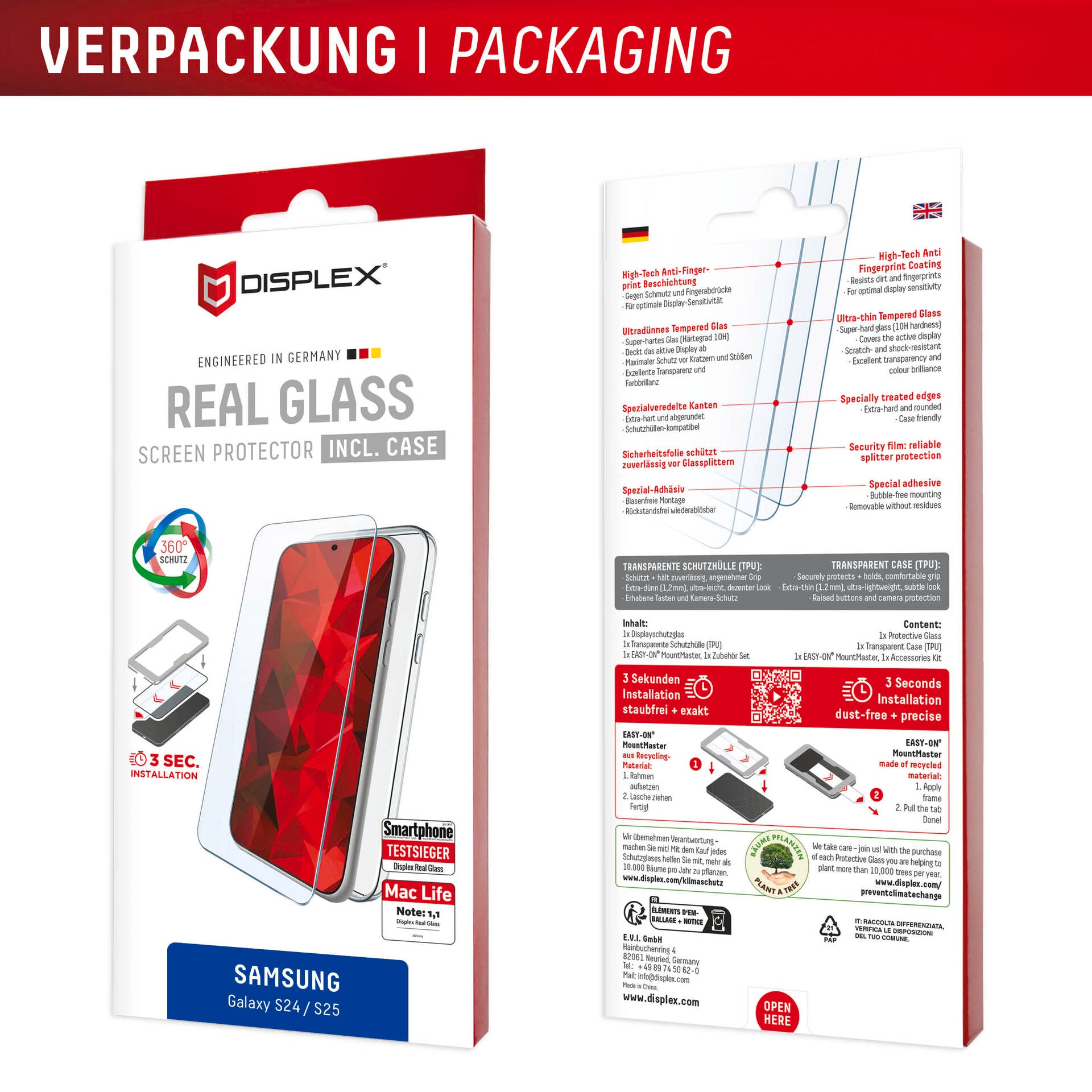 Displex Displayschutzglas »Real Glass MM + Case« für Samsung Galaxy S25 Displayschutzfolie, Schutzfolie, Bildschirmschutz, kratz- & stoßfest