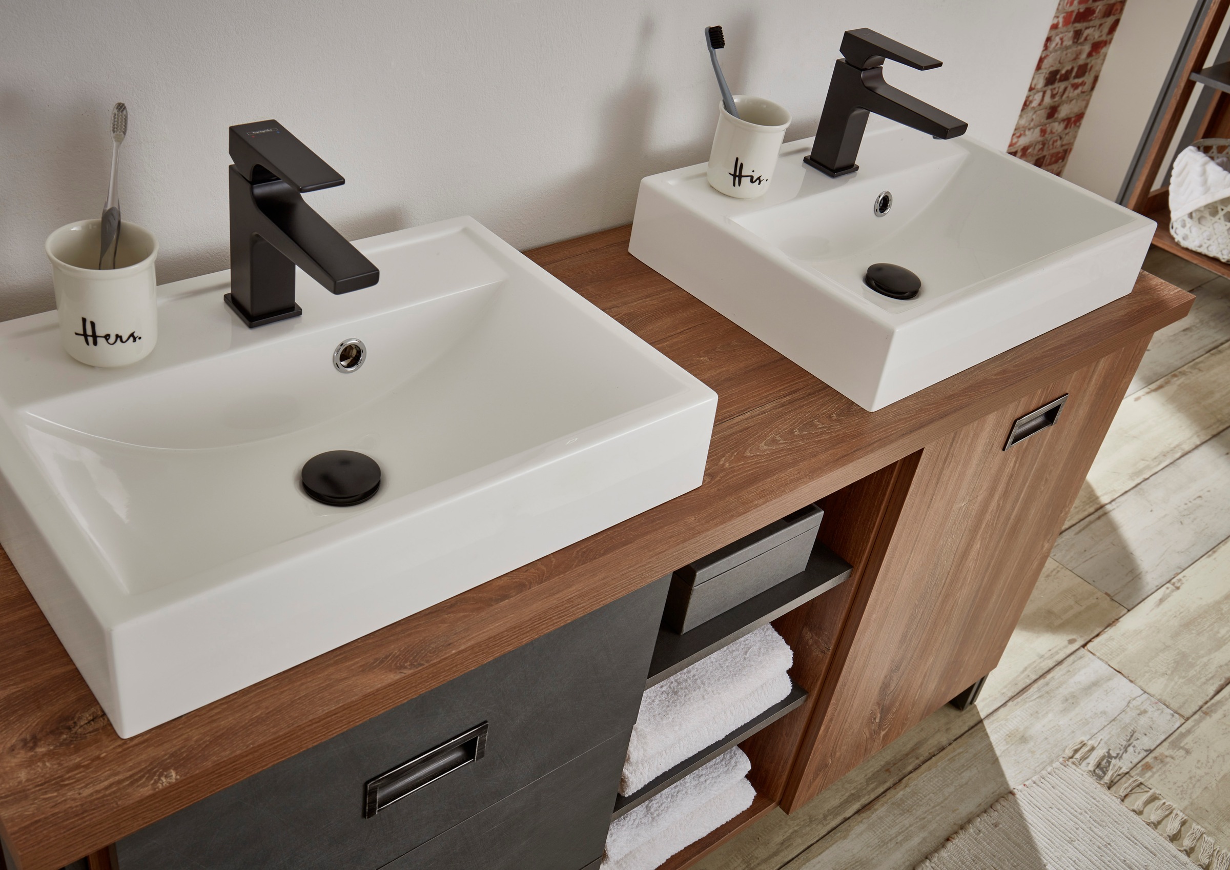 Home affaire Badmöbel-Set »Detroit, Bad im Industrialdesign, 2-teiliges Badezimmer«, (Set, 3 St.), Waschtisch und Spiegel, inkl. zwei Aufsatzwaschbecken aus Mineralguss