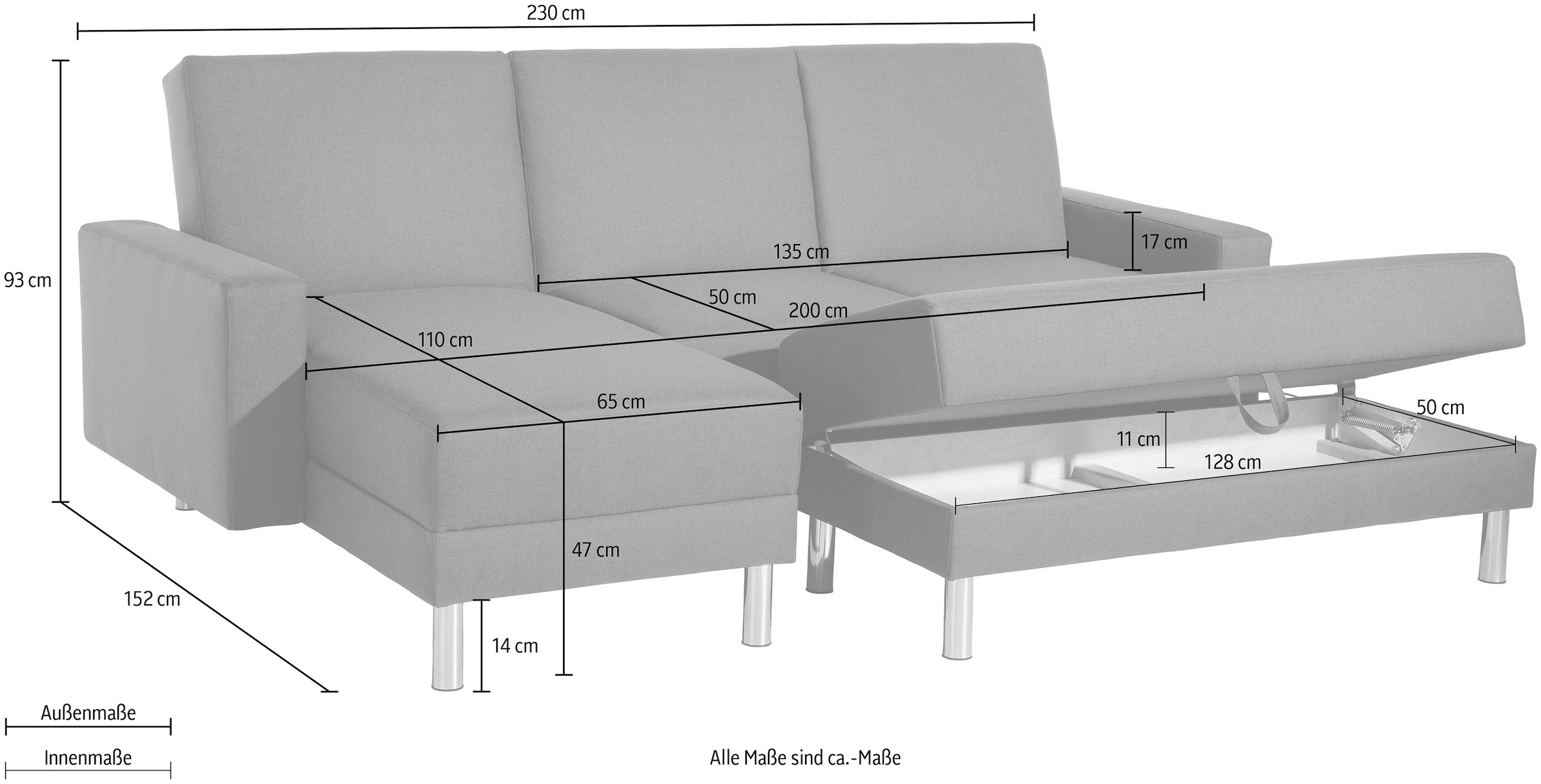 Max Winzer® Schlafsofa »Just Fresh modernes kubisches Sofa, Rückenverstellung für Sitzkomfort«, Recamiere links oder rechts montierbar, elegante Metallfüße