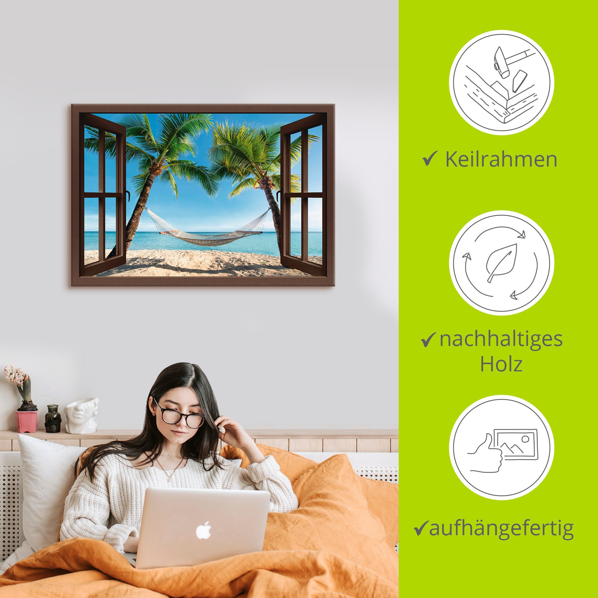 Artland Wandbild »Fensterblick Palmenstrand Karibik«, Amerika, (1 St.), als Leinwandbild, Poster, Wandaufkleber in verschied. Größen