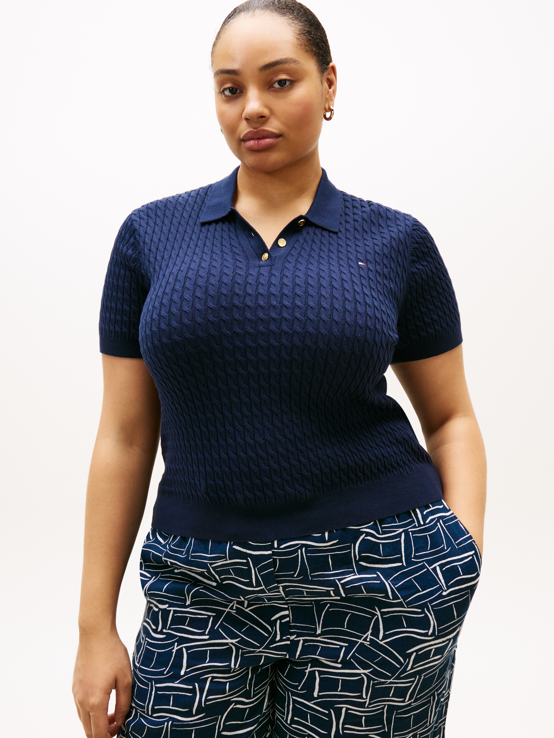 Tommy Hilfiger Curve Polokragenpullover »CRV CO CABLE FINE GG POLO S/S« in großen Größen, mit Zopfmuster