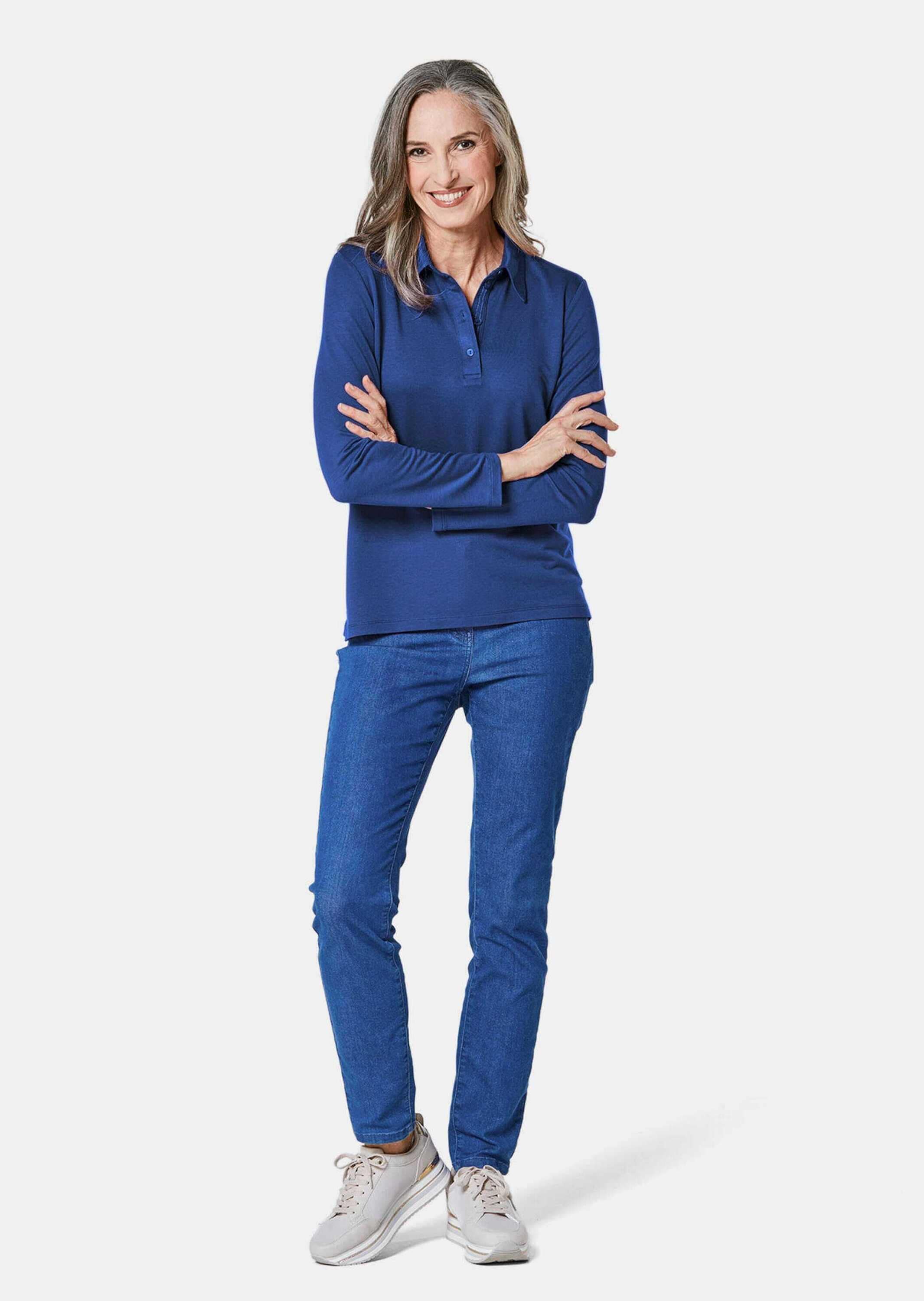 GOLDNER Poloshirt »Poloshirt Langarm Poloshirt mit Schmuckband an Knopfleiste«