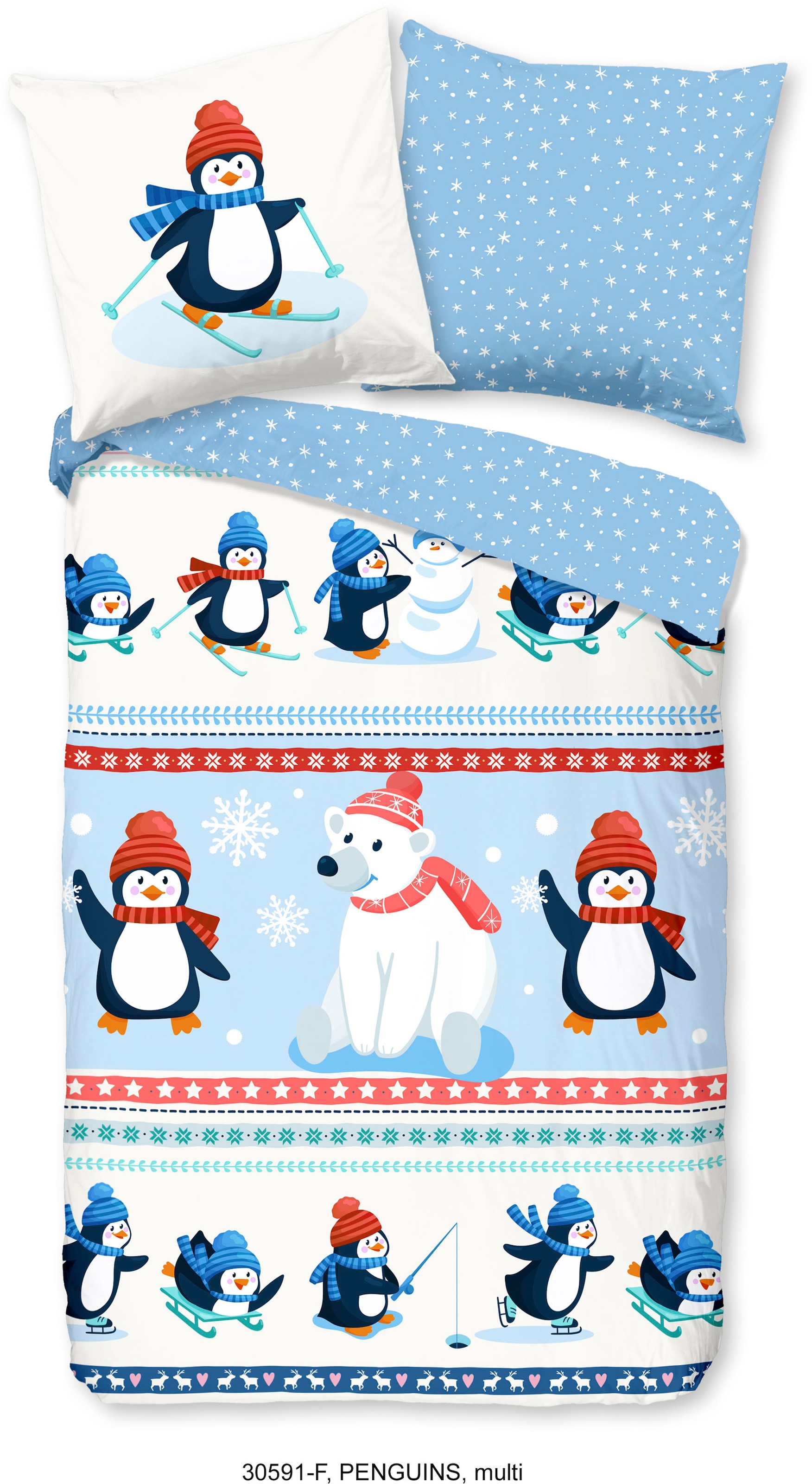 good morning Kinderbettwäsche »Penguins«, Biber, 135x200, Warm, Weich, Wendeoptik, Reißverschluss, Winter, Kind