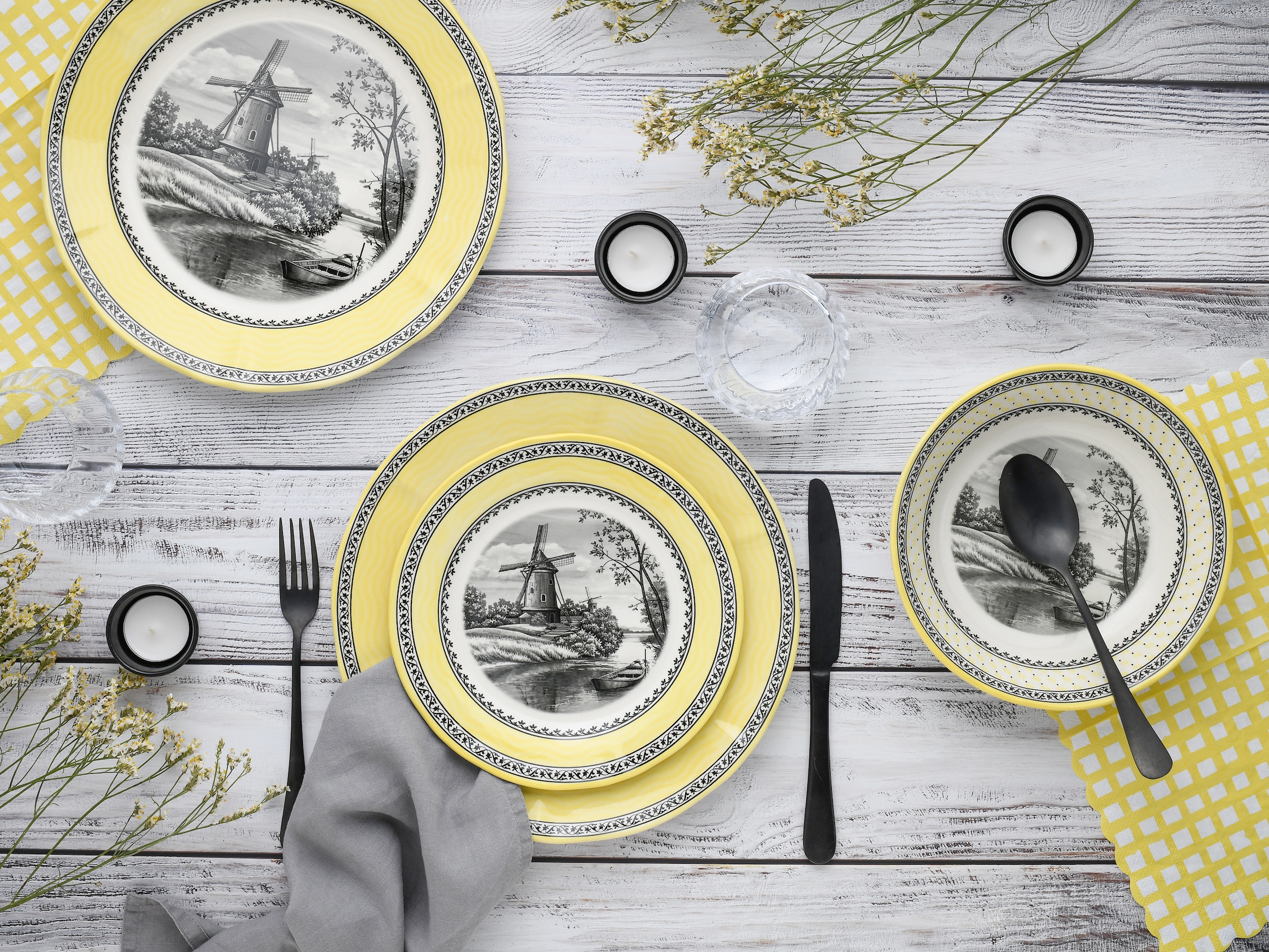 CreaTable Teller-Set »Windmühle Gelb, Teller Set 18-tlg« Traditionell, Nostalgie