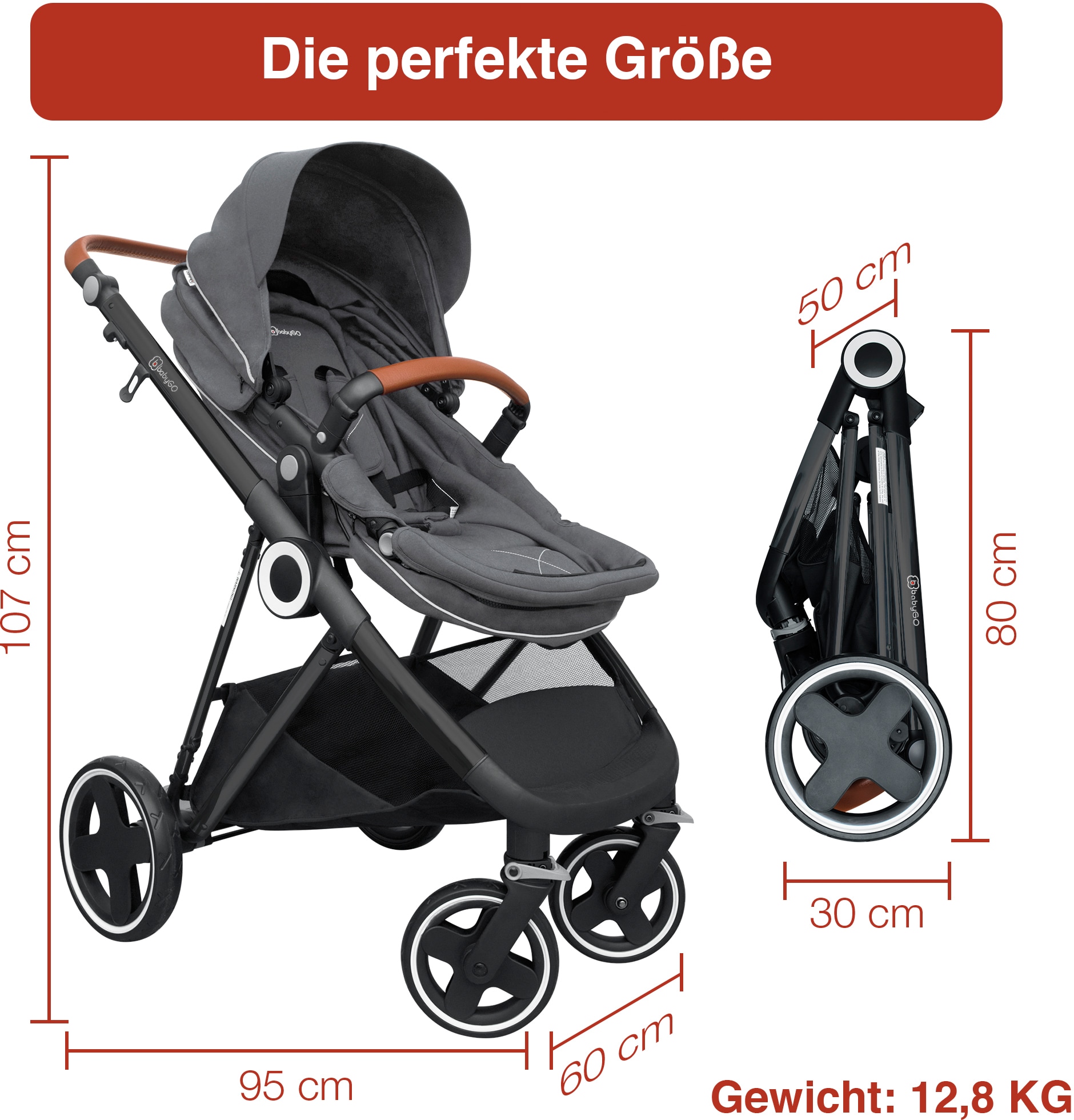 BabyGo Kombi-Kinderwagen »Halime 3in1, Grey Black«, inklusive Babywanne, Babyschale, Regenhaube & Wickeltasche