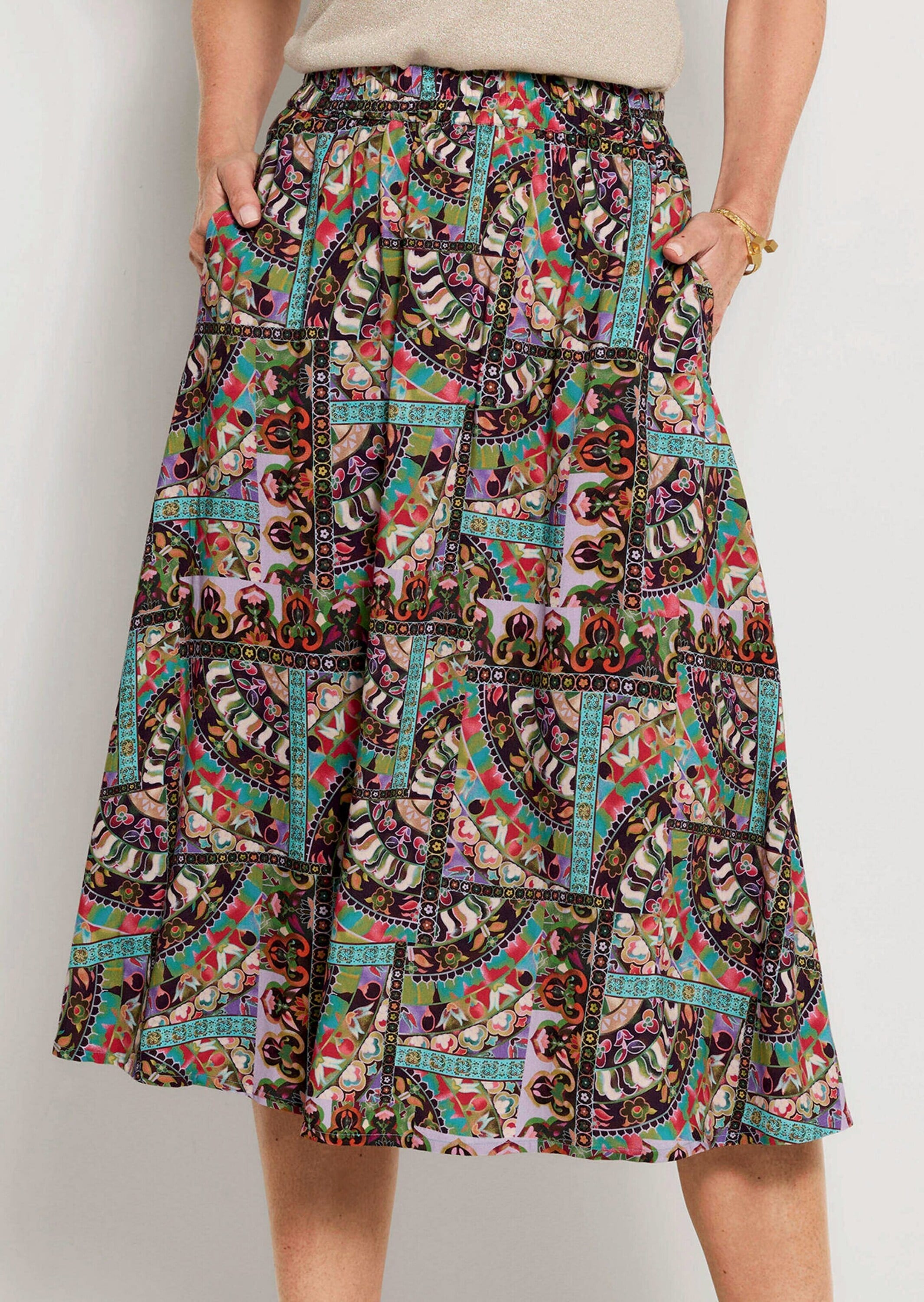 GOLDNER Midirock »Kurzgröße Viskoserock mit Patch-Druck« Nahttaschen an der Seite