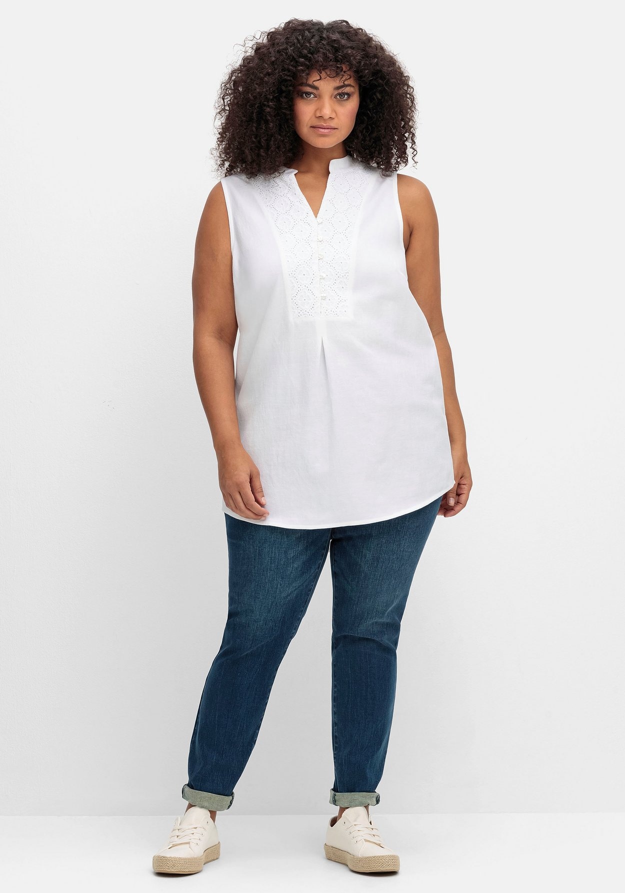 Sheego Shirttop »Webtop mit Spitzenbesatz, mit Leinenanteil«