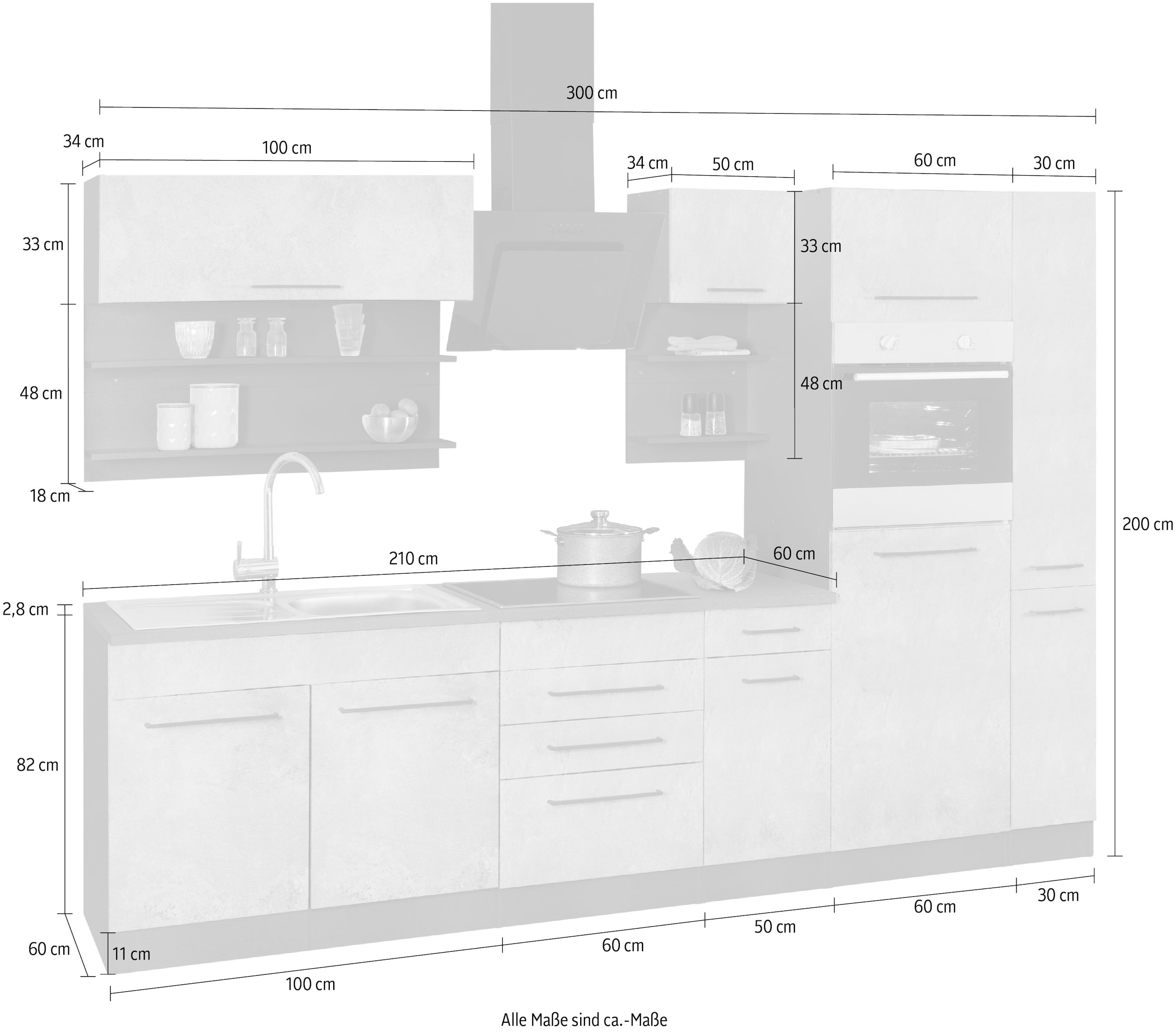 KOCHSTATION Küchenzeile »KS-Tulsa«, mit E-Geräten, Breite 300 cm, schwarze Metallgriffe, MDF Fronten
