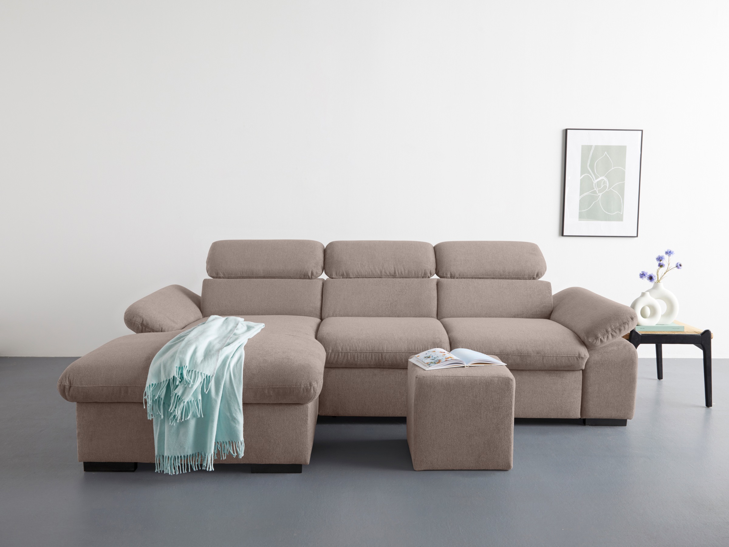 COTTA Ecksofa »Lola L-Form mit Kopfteilfunktion & Hocker«, (Set, mit Hocker), wahlweise mit Bettfunktion, Bettkasten & Armteilverstellung