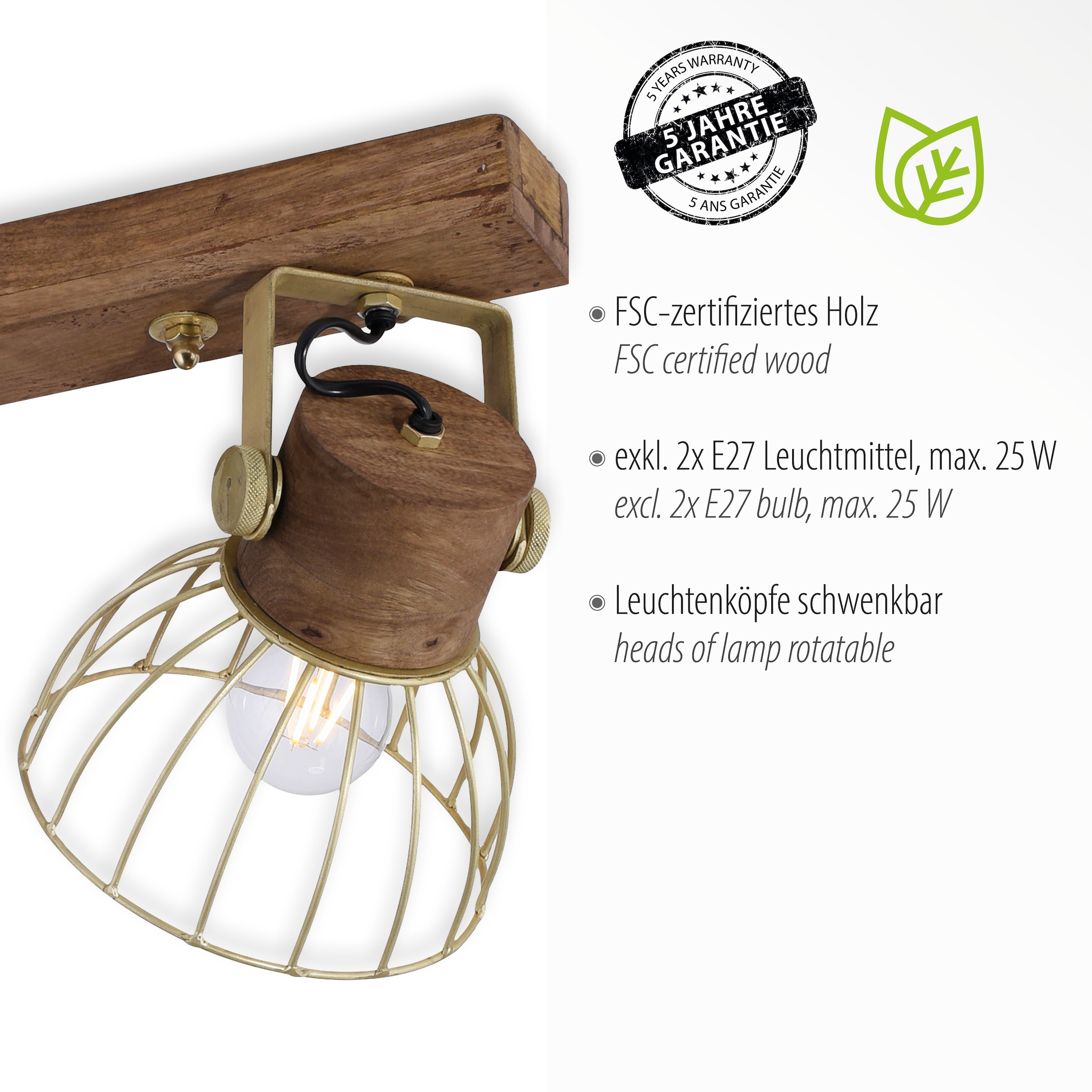 JUST LIGHT Wandleuchte »ALAMI«, 2 flammig, Leuchtmittel E27 | ohne Leuchtmittel, ExklusiveE27