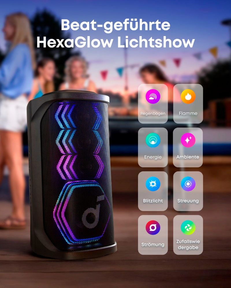 Anker Party-Lautsprecher »Soundcore Rave 3S« Stereo (Bluetooth App-Steuerung | Bassregelung | Beleuchtungseffekte | Lautstärkeregelung | Multiroom | Pairing 200 W)
