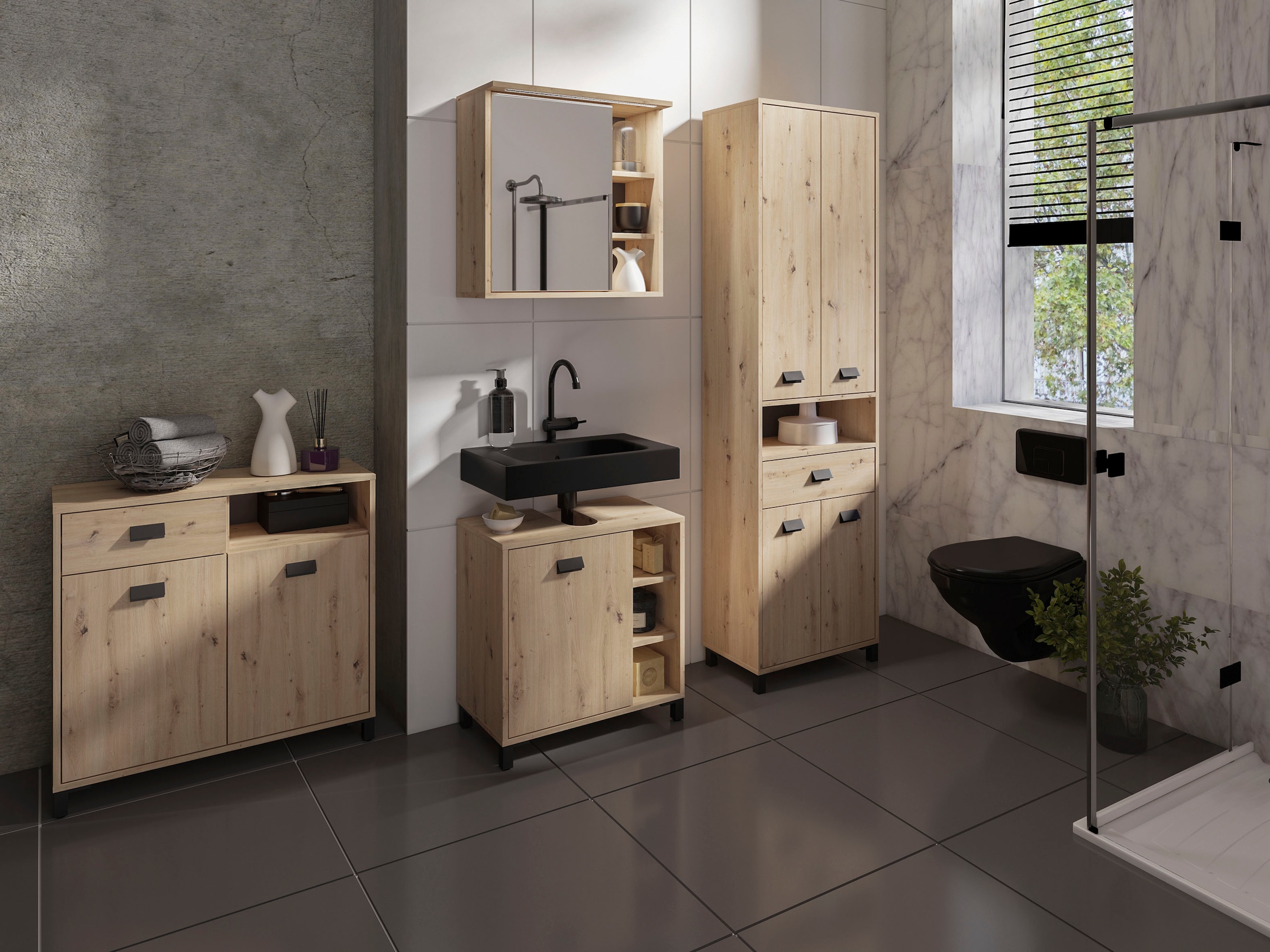 byLIVING Hochschrank »Wellness«, Badezimmer Hochschrank mit 4 Türen und Schubkasten für viel Stauraum