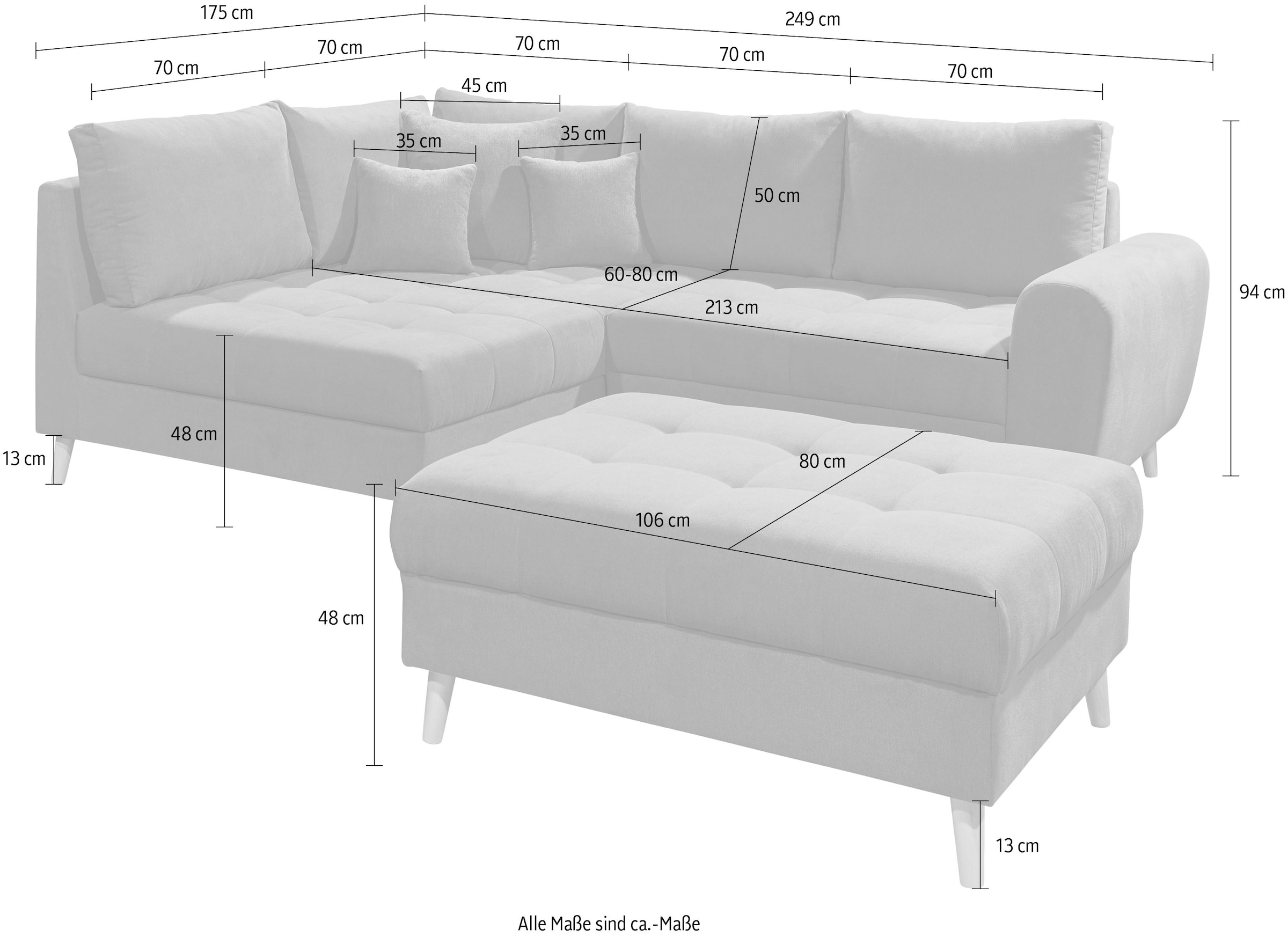 ED EXCITING DESIGN Ecksofa »Alice L-Form«, (Set), mit Hocker, Rückenkissen, Zierkissen, frei im Raum stellbar