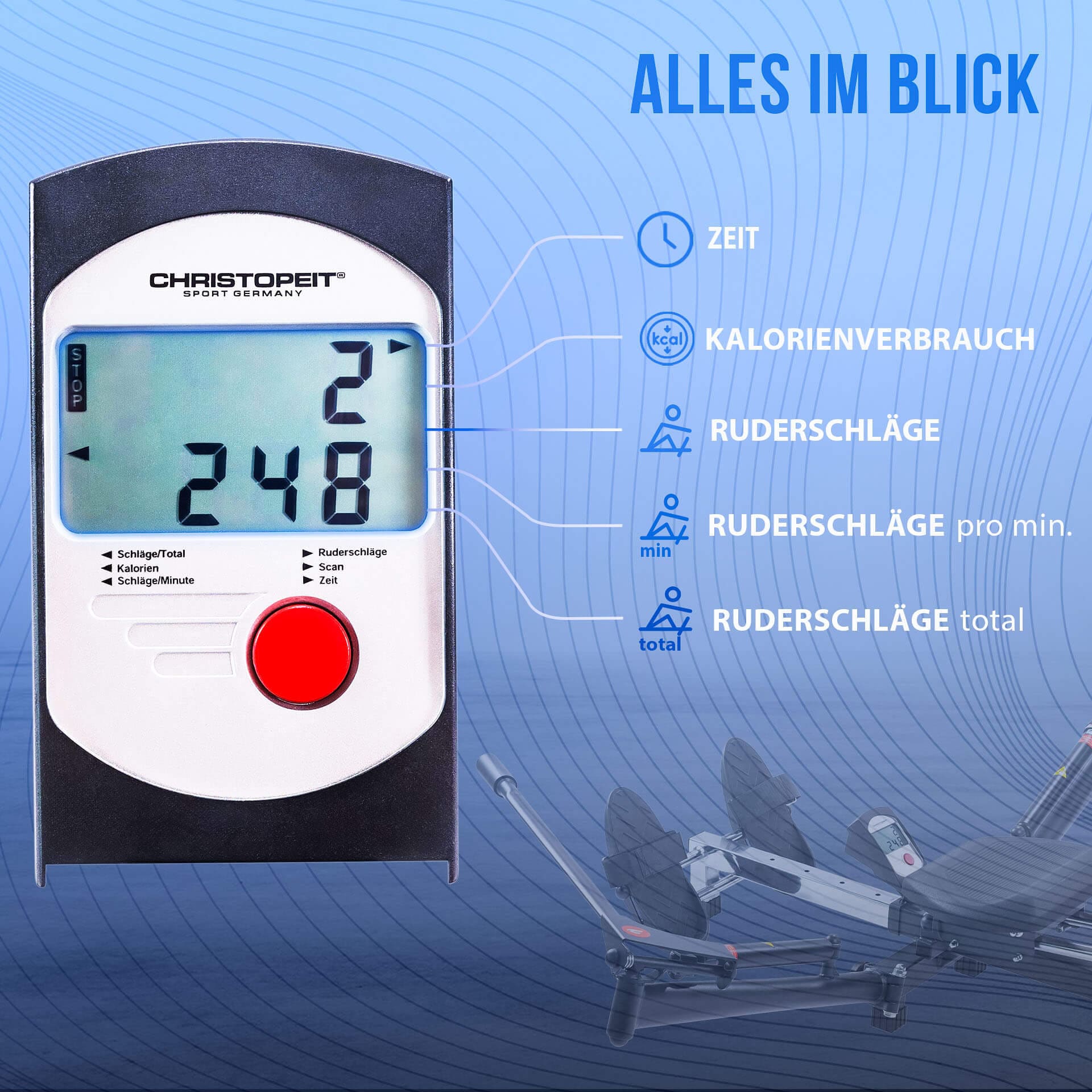 Christopeit Sport® Rudergerät »Accord NEU«, (Natürliche Ruderbewegung durch die Auslegarme), Rudermaschine, 12 Widerstandsstufen, Hydraulik