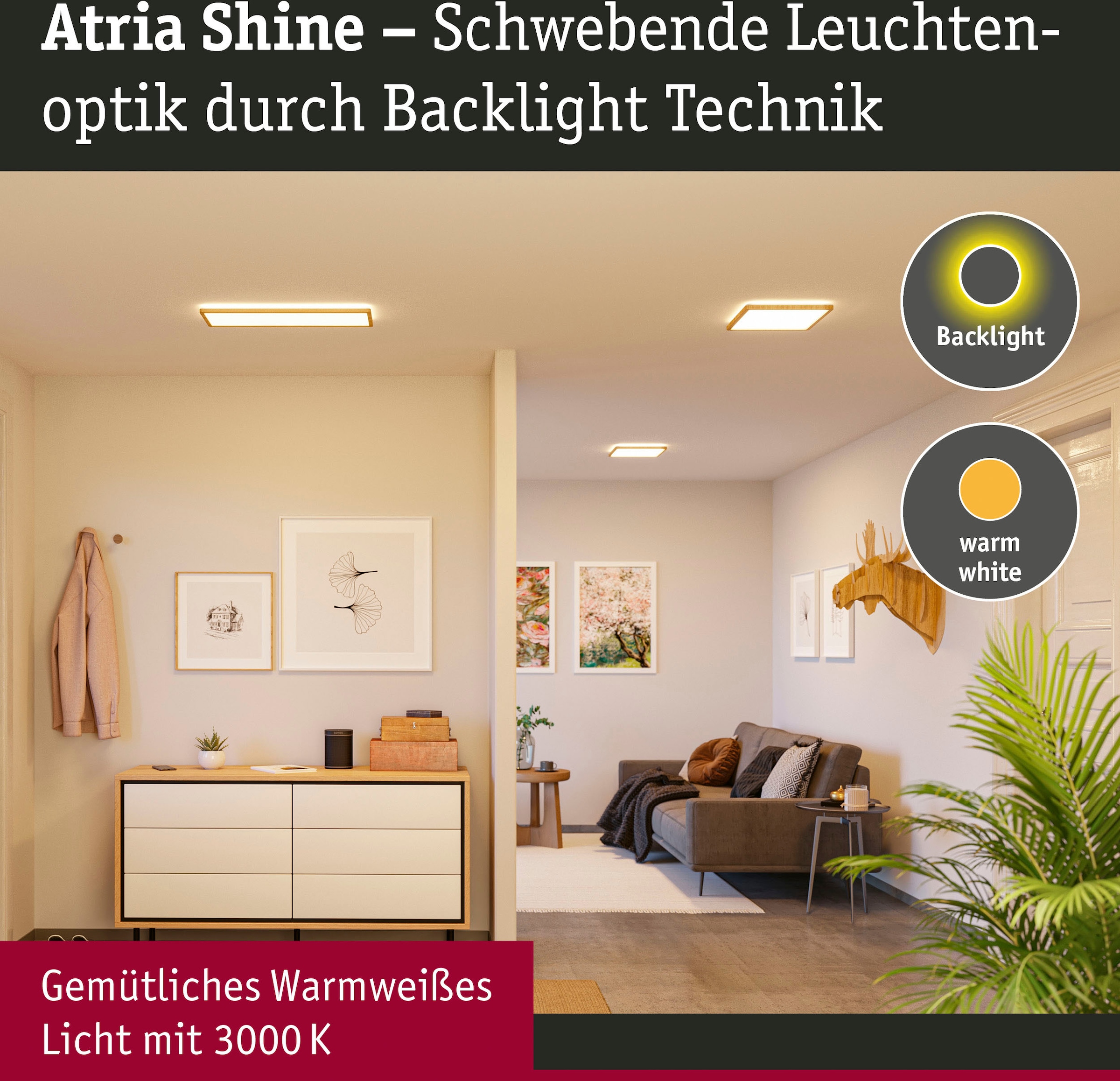 Paulmann LED Panel »Atria Shine 16W 3000K 293x293 Eiche Kunststoff IP44«, 1 flammig, Hintergrundbeleuchtung