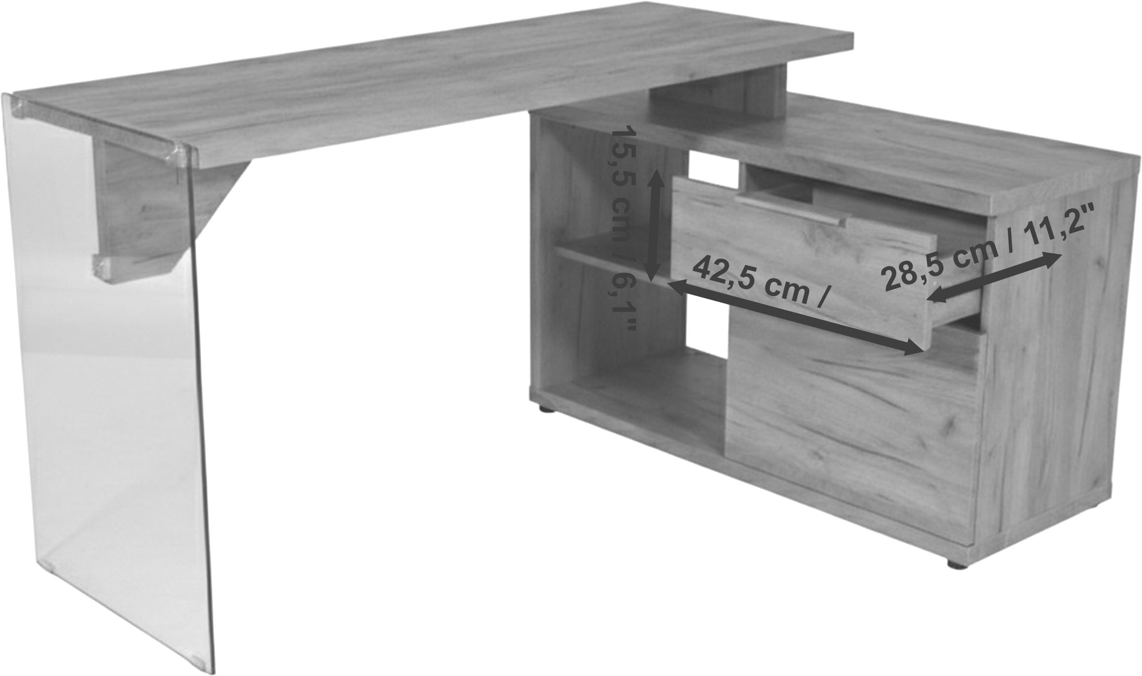 Jahnke Eckschreibtisch »LUX C 135 E« Eckschreibtisch,wechselseitig montierbar,Glas,1 Schublade & 2 Fächer