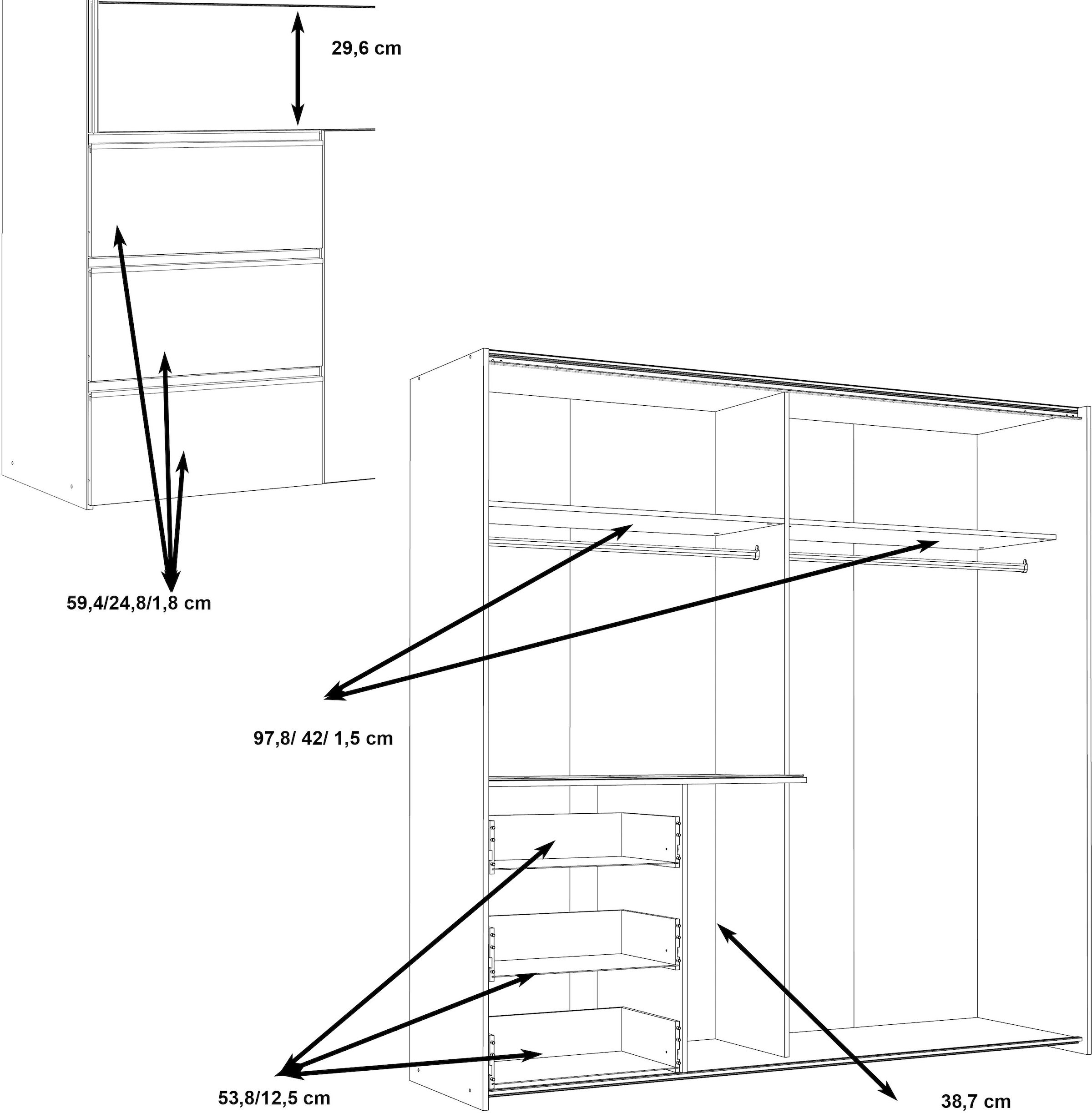 FORTE Schwebetürenschrank »Winn, Schiebetürenschrank mit 3 Schubladen, Made in Europe«, (In 2 Größen erhältlich - B/H/T ca. 170x200,5x61cm und 200x200,5x61cm), verschiedene Größen und Farben, sehr viel Stauraum