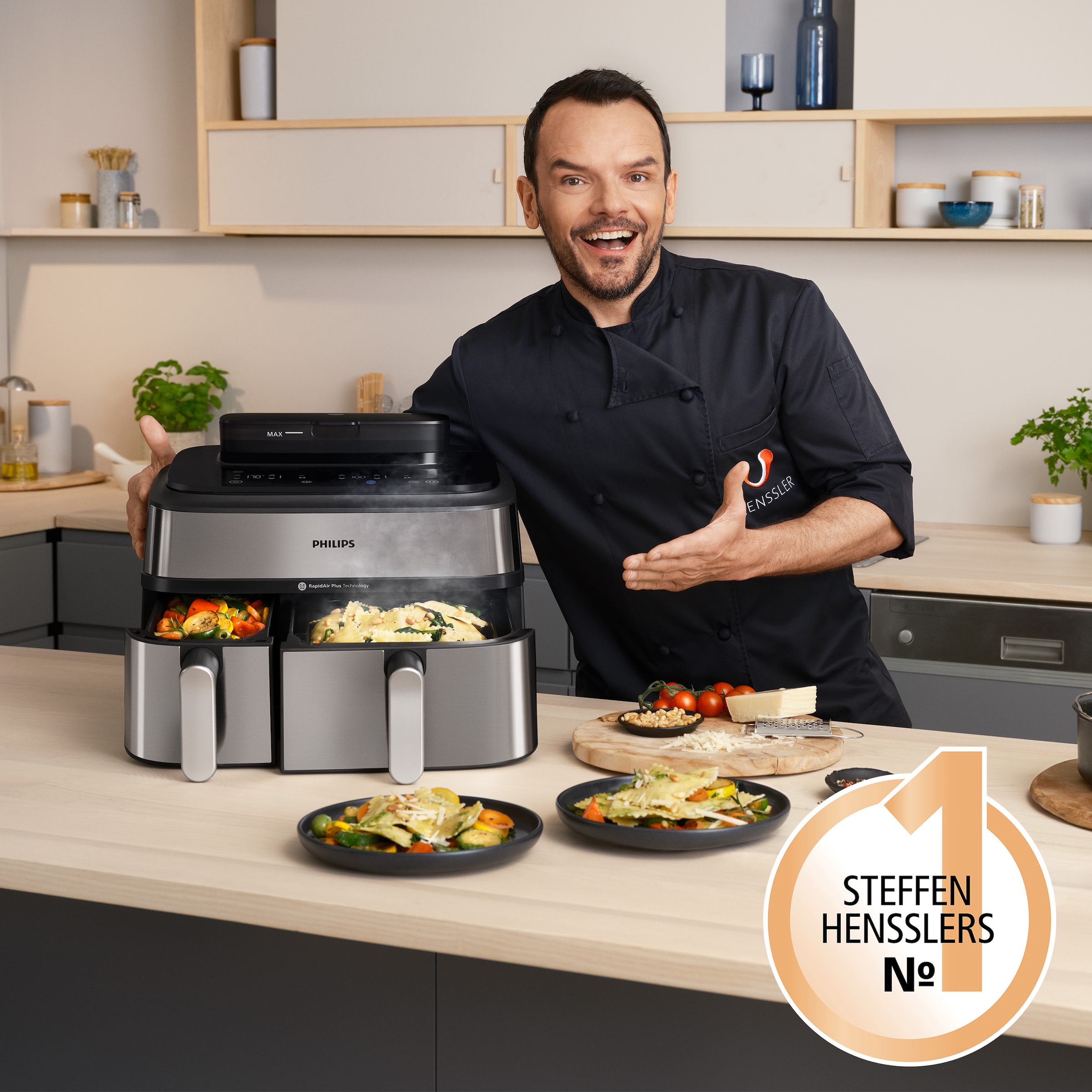 Philips Heißluftfritteuse »Steam Airfryer 5000 Dual Basket NA555/00, Airfryen & Dampfgaren, 3L+6L«, 2750 W, RapidAir Plus Technologie und 19 Kochfunktionen; Silber/Edelstahl